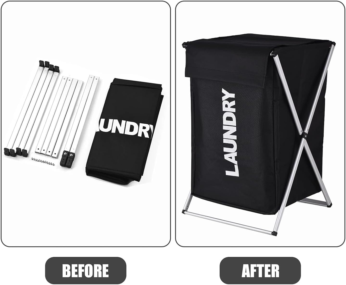 Foldable Laundry Hamper: Laundry Basket Clothes Hamper Aluminum X-Frame Foldable for Bathroom Bedroom Home Black image number 3