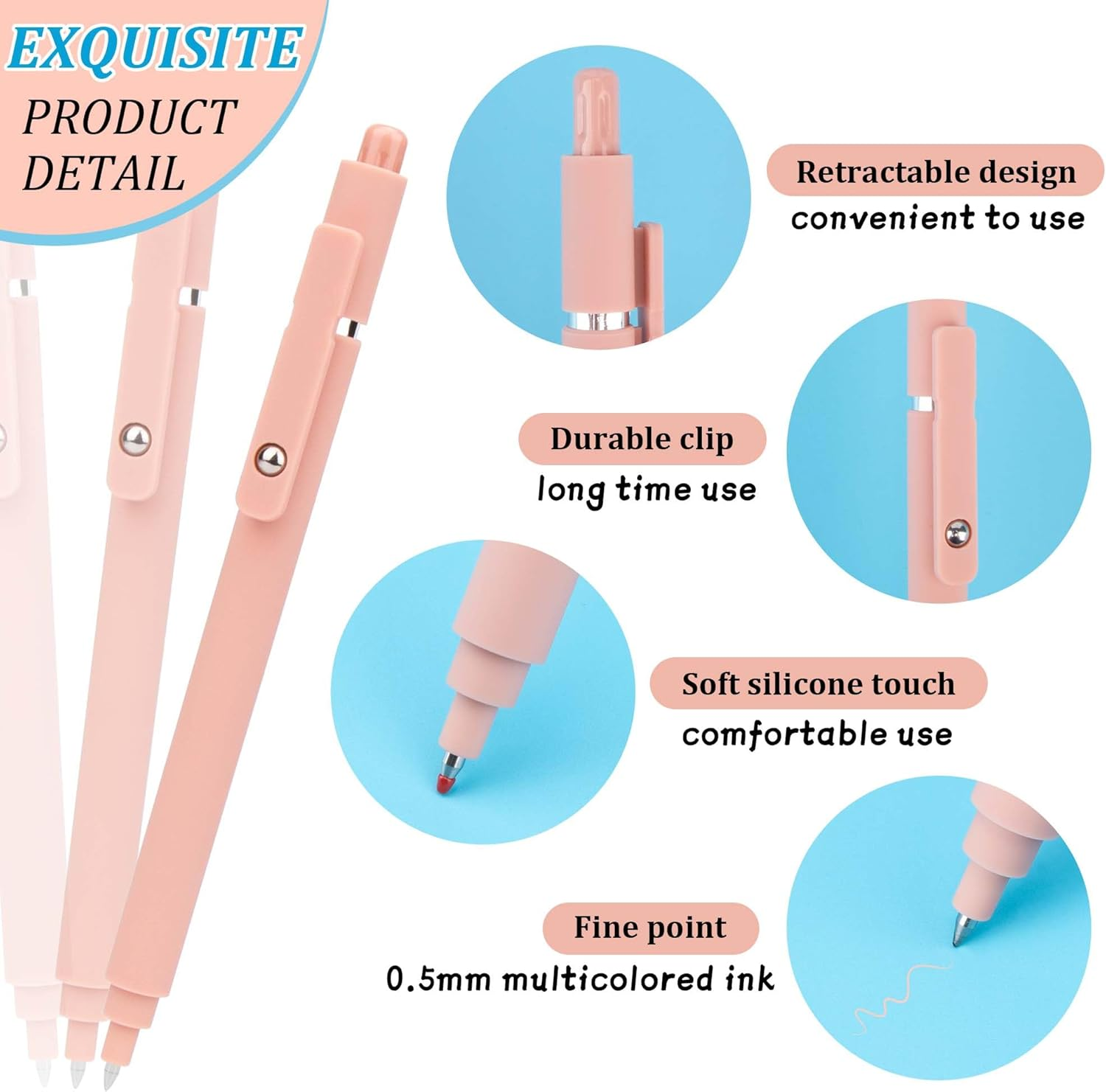 YUNAI Retractable Gel Pens, 5PCS 0.5Mm Colored Ink Ballpoint Pens with Silicone Clip, Premium Smooth Writing Quick Dry Ink Fine Point Rollerball Pens for School Home Stationery Supplies, Light Color - Light Colors-Multicolor Ink image number 4