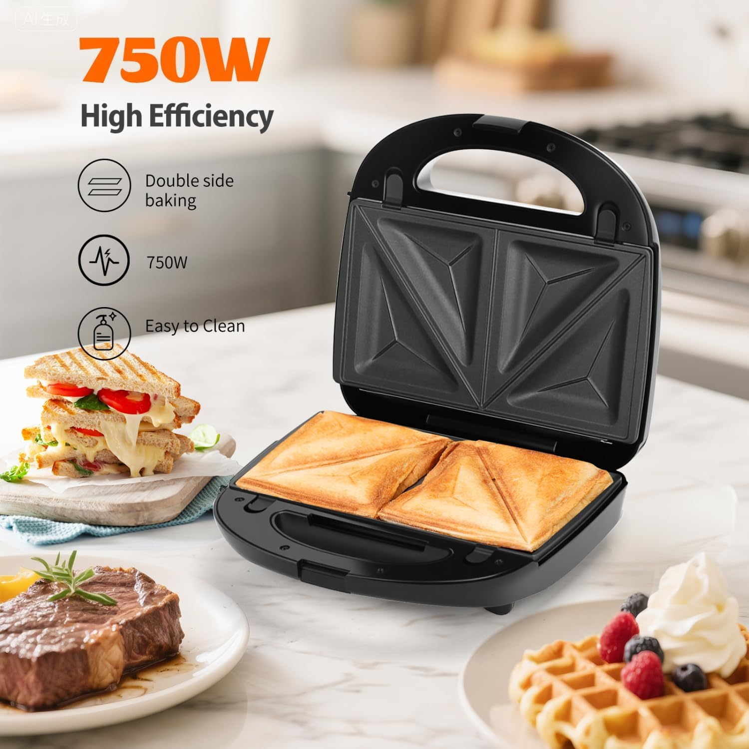 3-In-1 Sandwich Maker with Removable Plates, Non-Stick Waffle Iron & Panini Press for Grilling, Compact Electric Grill with Cool-Touch Handle, LED Lights & Easy Clean image number 3