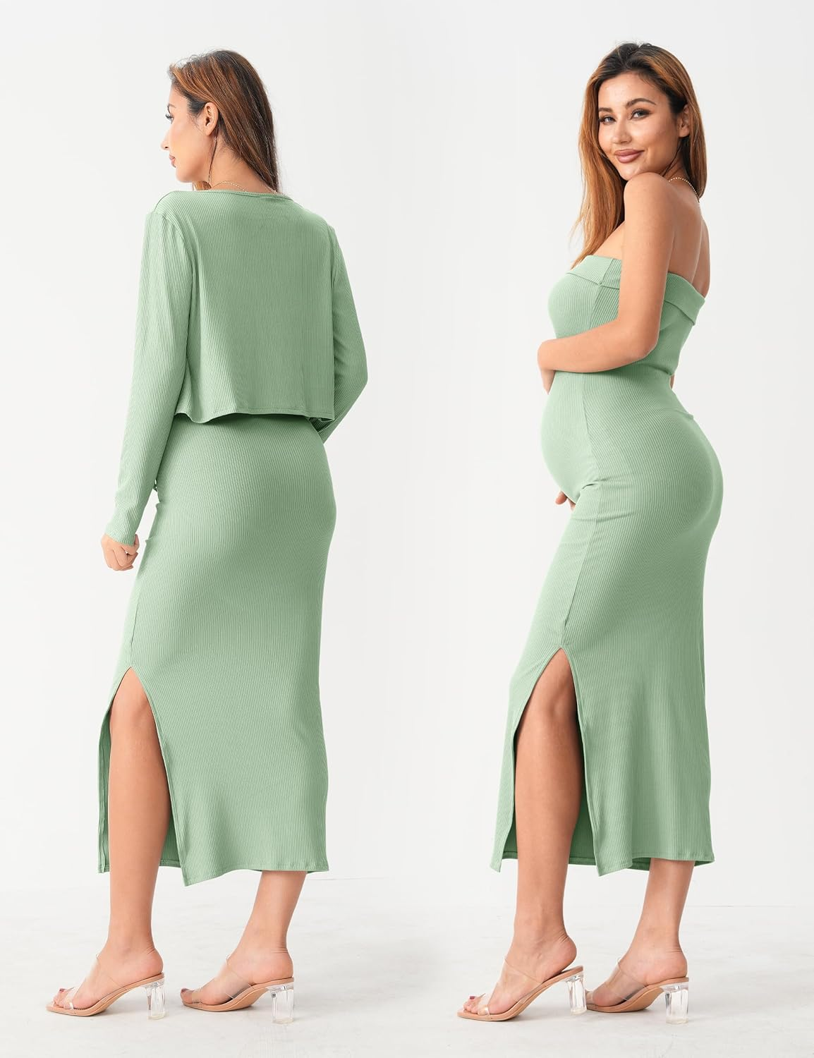 SUNNYBUY Baby Shower Maternity Tube Dress Short Cardigan Bodycon Ribbed Maxi Dress Casual 2 Piece Pregnancy Outfit Set, Sage Green, Xx-Large image number 4