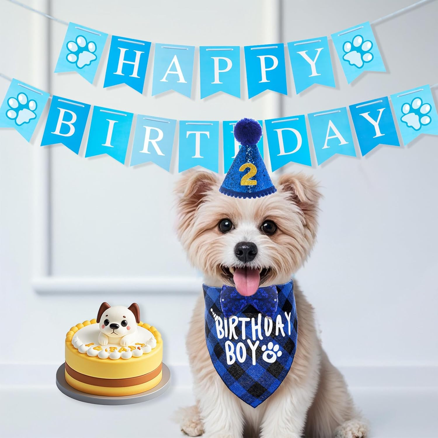 Dog Birthday Hat Bandana Set, 5 Pieces Dog Birthday Bandana Hat with 10 Bling Numbers and Happy Birthday Banner for Small, Medium and Large Dogs, Dog Birthday Decoration image number 2