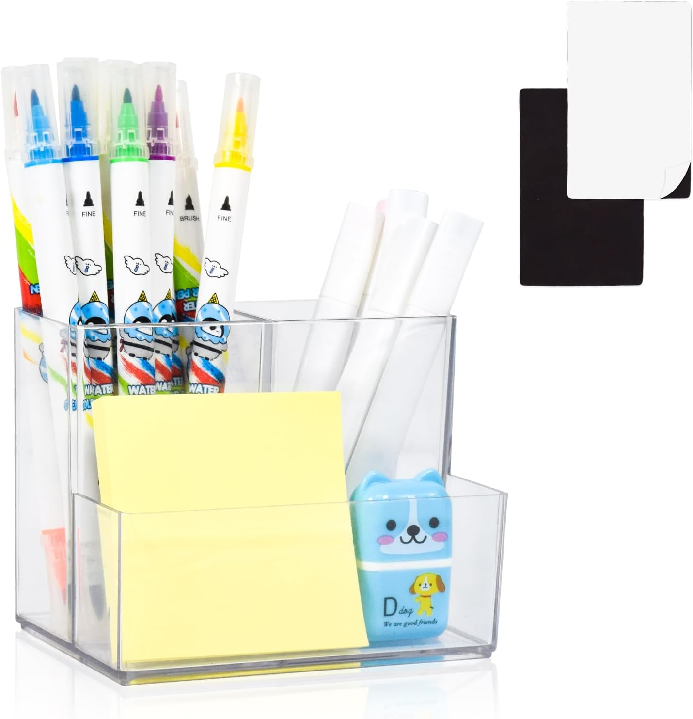 Marte Vanci Pen Pencil Holder, Acrylic Pen Holder Clear Makeup Brush Holder Desk Organiser Pen Pot Stationery Art Supply Storage with 2 Magnetic Squares Desktop Accessories 3 Slots Clear 1 Pack image number 2