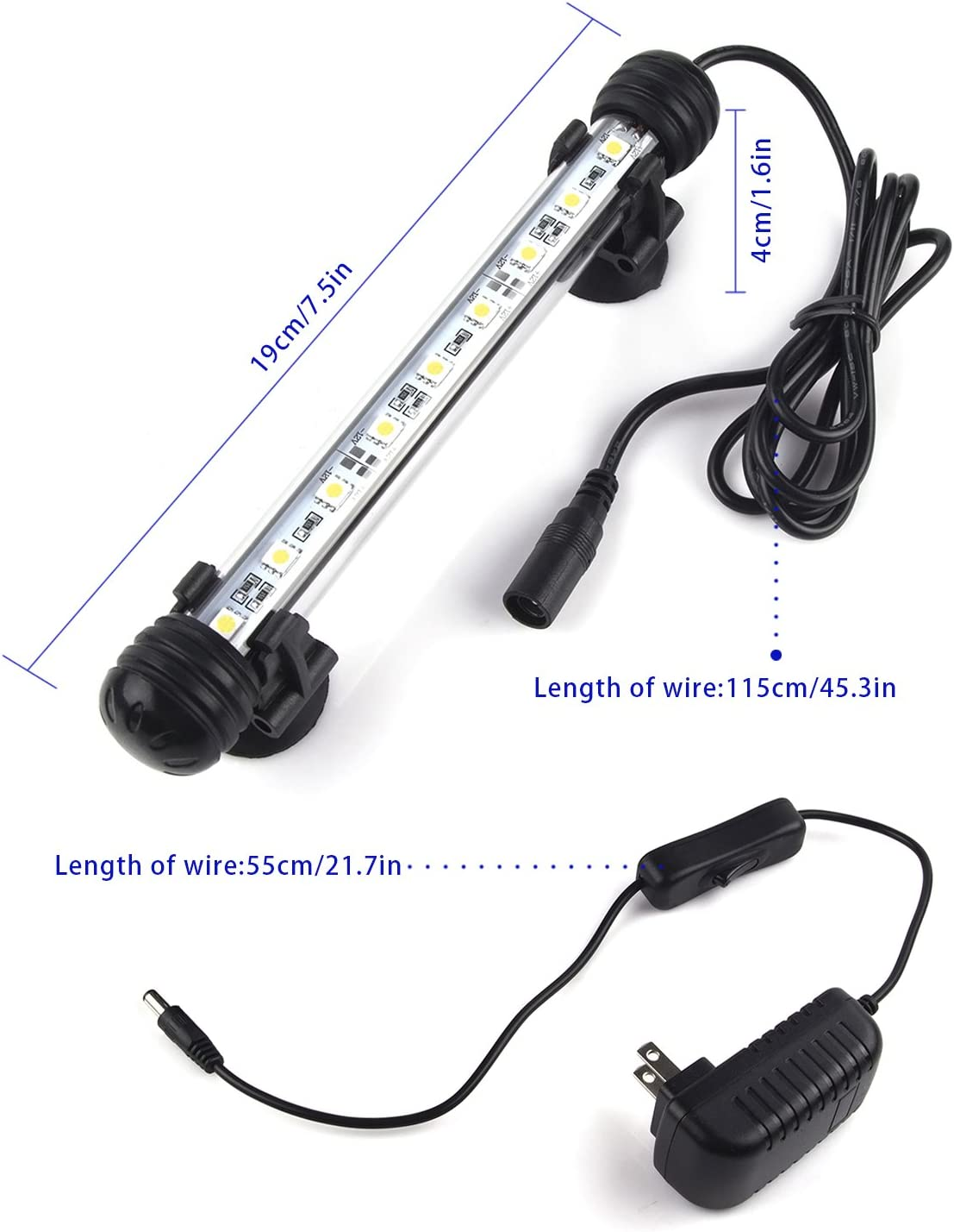 LED Aquarium Light, Fish Tank Light Submersible Underwater Crystal Glass Leds Lights, 7.5"- White image number 5