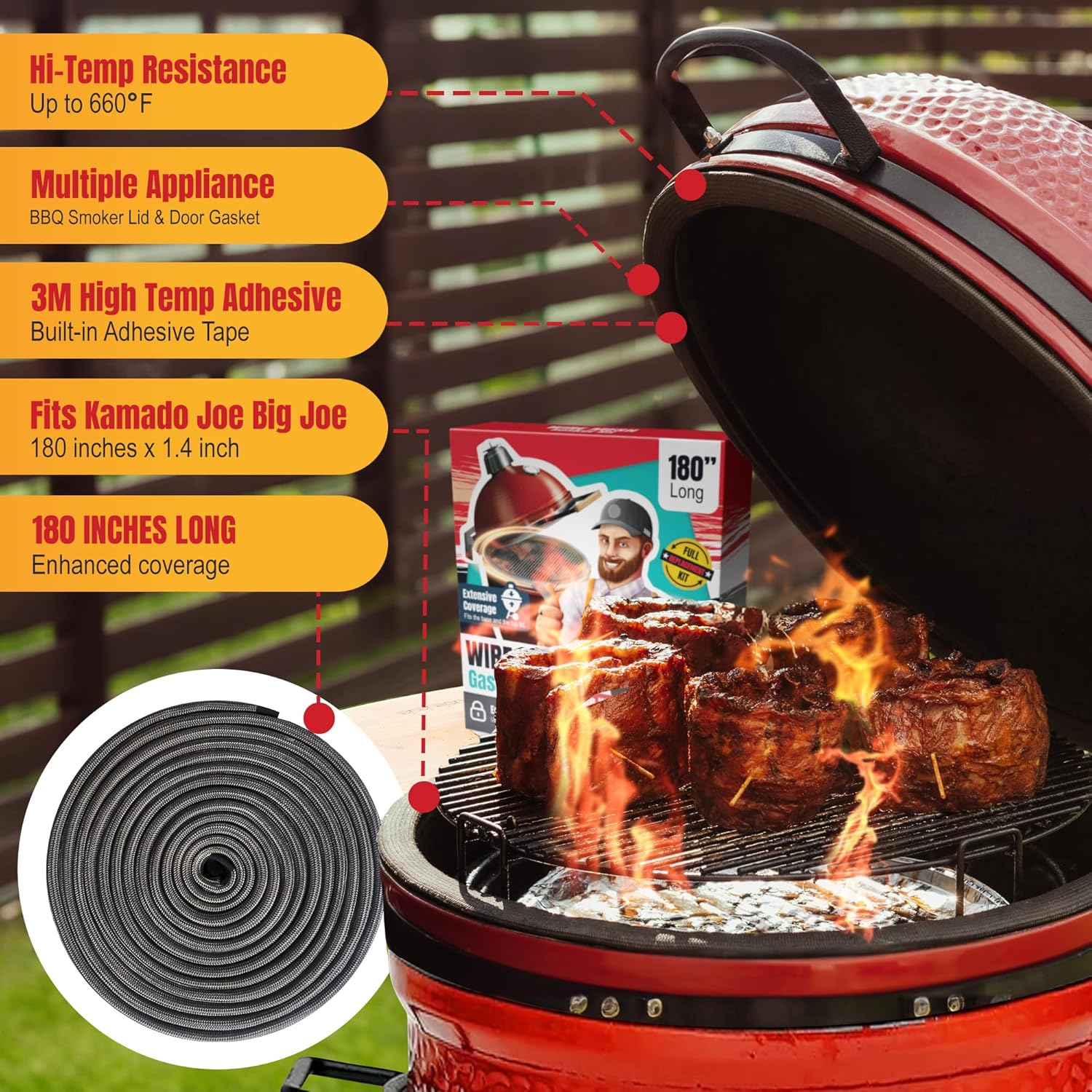 Wire Mesh Gasket Compatible with Kamado Joe - 180" Fiberglass Kamado Joe Gasket Replacement Kit - Fit for Big Green Egg - Kamado Joe Accessories & Replacement Parts - Smoker Gasket Seal by Smoker Chef image number 7
