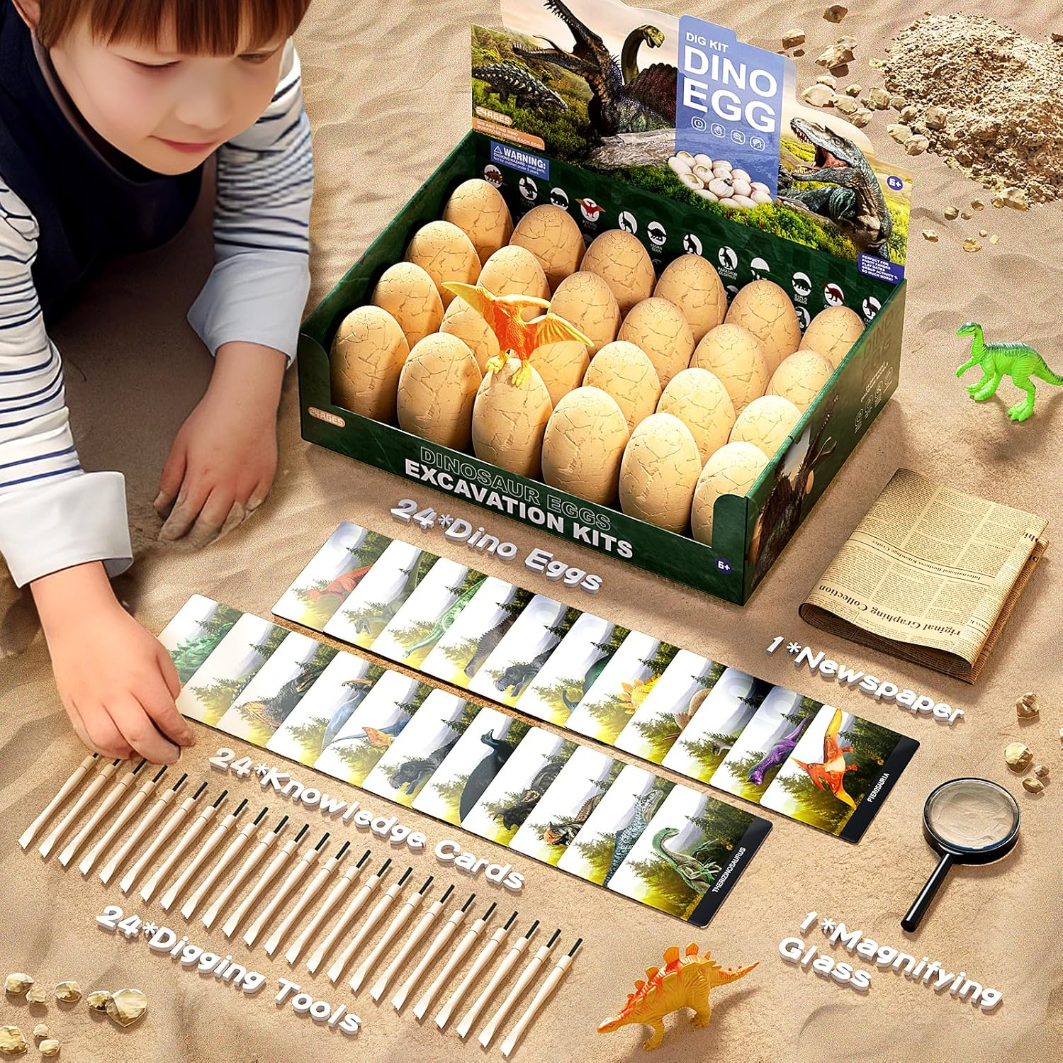 Dinosaur Eggs Dig Kit Toys for Kids, 24 Dino Fossil Eggs Excavation Kit with Magnifier & Newspaper, Science STEM Crafts Christmas Birthday Gifts for Boys Girls Age 3 4 5 6 7 8 9 10 + Years Old