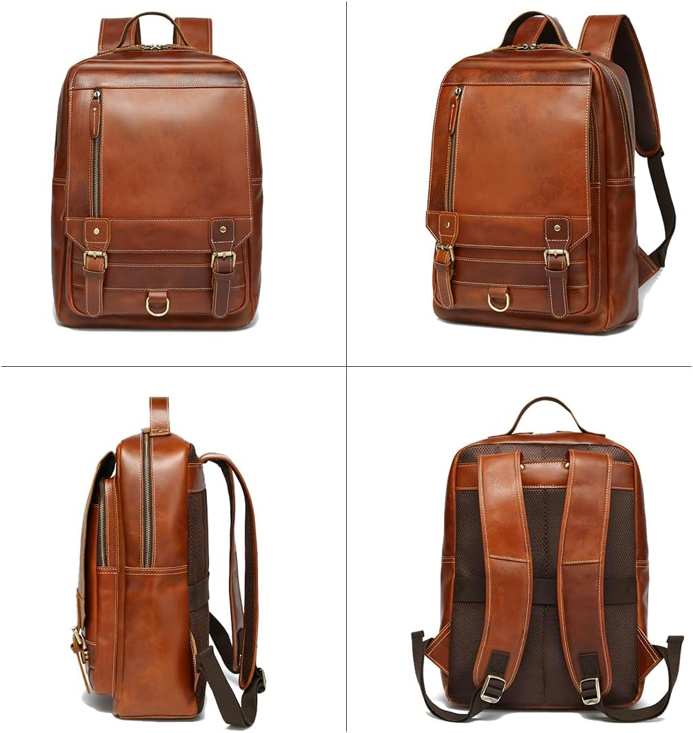 'LANNSYNE Vintage Genuine Leather Backpack for Men Fits up to 15'' Laptop Travel Hiking Rucksack' image number 3