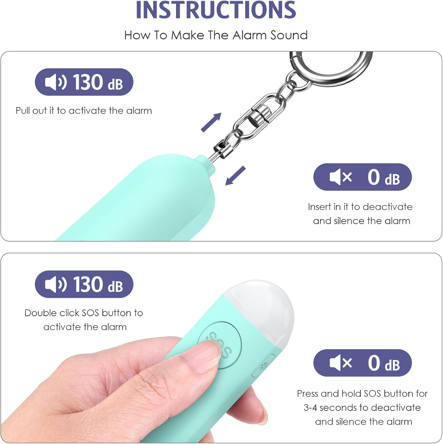 OQIMAX 2Pcs Personal Alarm for Women, 130 Db Siren USB Rechargeable Alarm Keychain & Safety Alarm with LED Flashlight Small Loud Personal Alarm Keyring for Women Children Seniors Blue