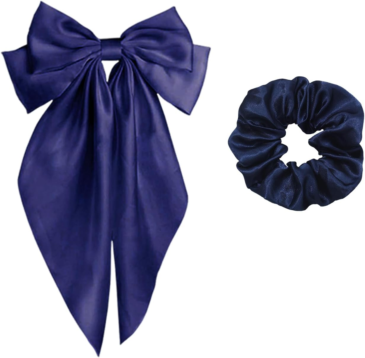 1 Large Hair Pin with Bow and 1 Hair Ring, Long Bow, French Hair Accessories, Silky Satin Hair Pin (Navy Blue) image number 5