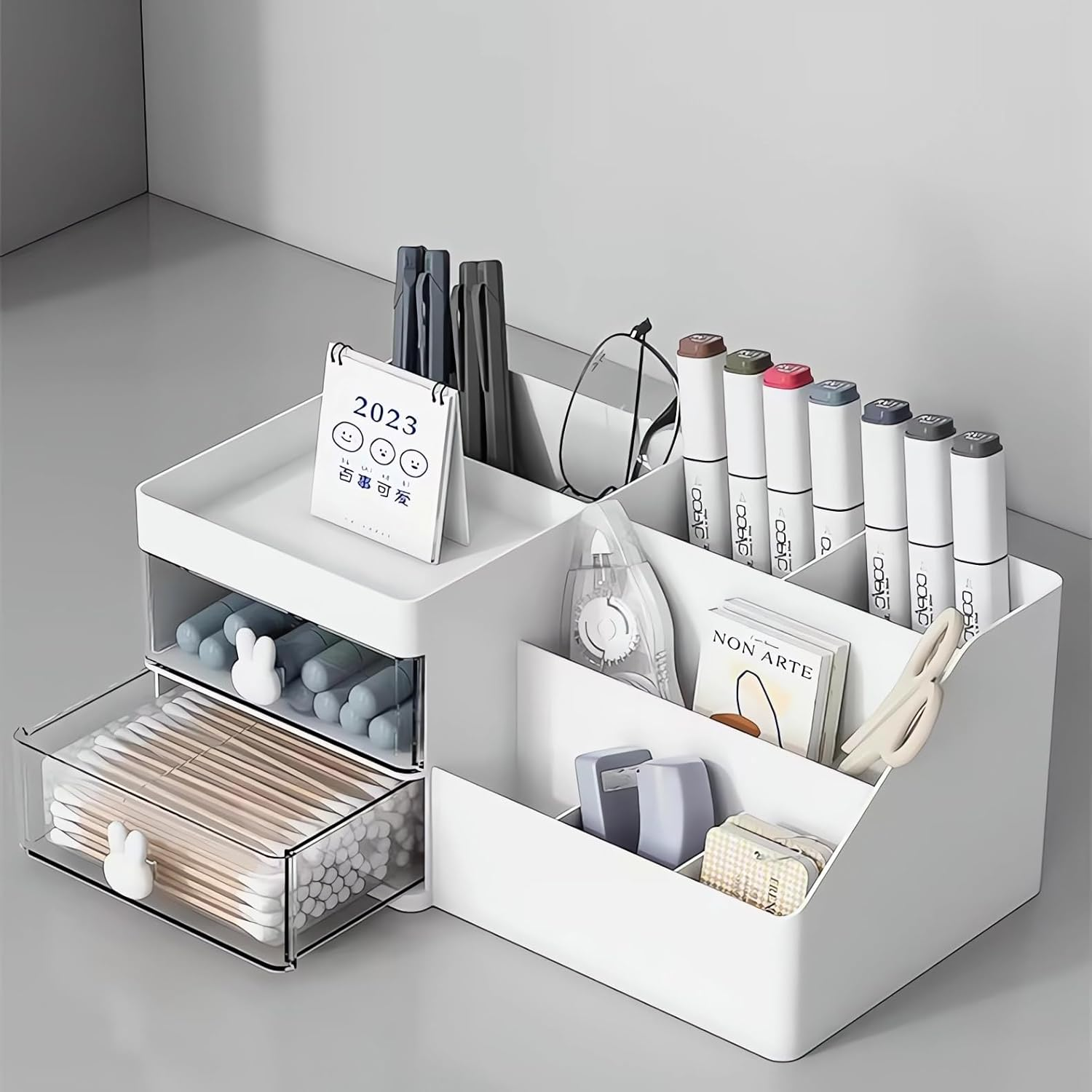 Makeup Storage Organizer for Vanity, Desktop Cosmetic Organiser Makeup Storage Box with 2 Drawers for Lipsticks, Jewelry, Perfume, Nail Care, Skincare, Multi-Purpose Bathroom Countertop Organiser image number 6