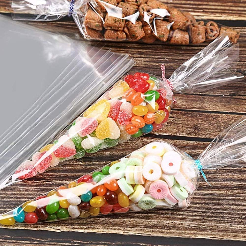 200PCS Cone Cellophane Bags, Betterjonny 13 * 25CM Clear Plastic Sweets Bags with Twist Ties, Triangle Party Cellophane Bag for Lolly Popcorn Cookies Candy Snacks Flowers&Graduation Birthday Wedding image number 2