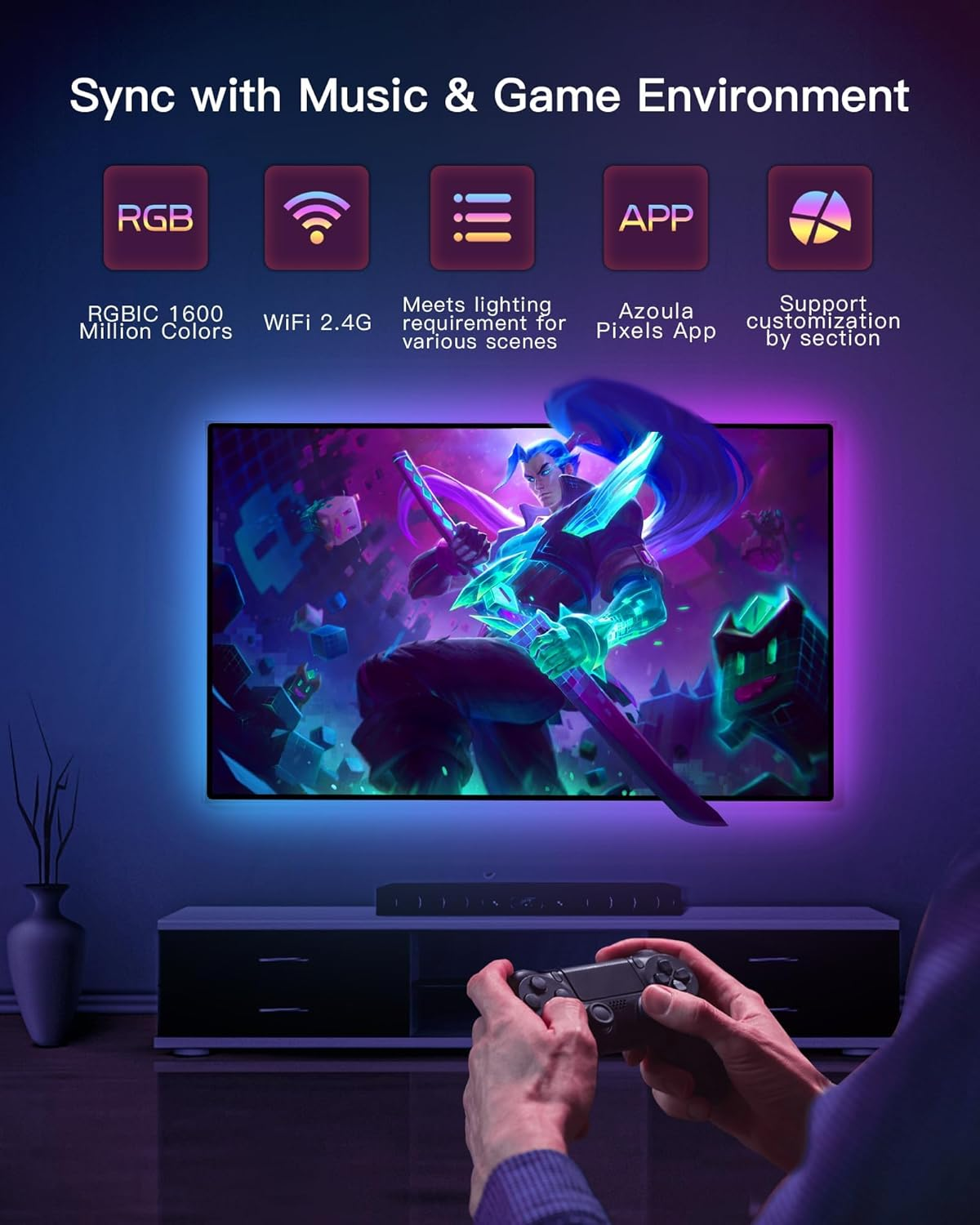 Azoula - 55-65 Inch TV Backlight LED Strip Lights, HDMI 2.0 Sync Box RGB+IC Wi-Fi, Music Sync Backlight, Compatible with Alexa Google Assistant App Contro image number 6