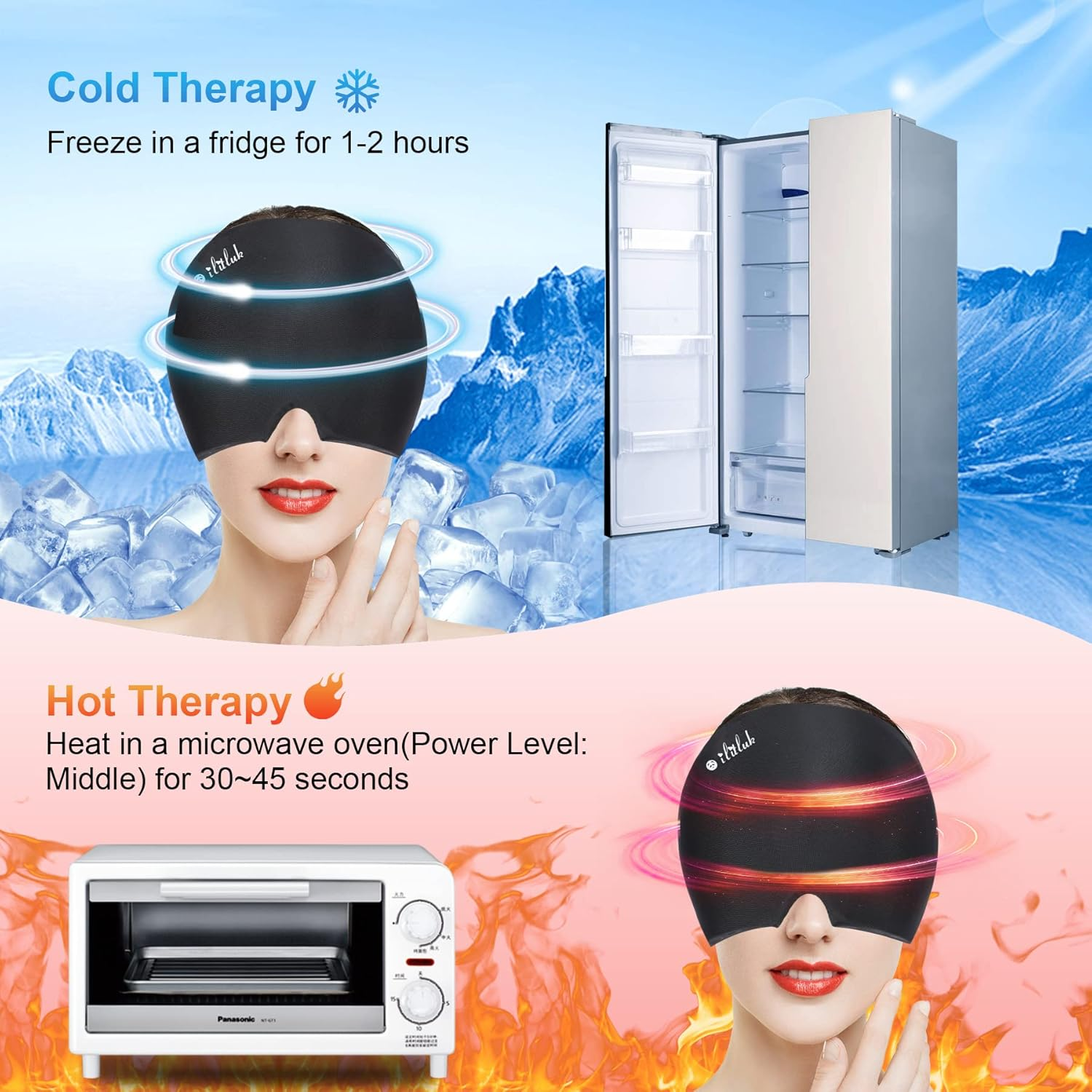 Gel Ice Headache Migraine Relief Hat Cap Hot and Cold Compress Therapy Stretchable Reusable Migraine Ice Head Wrap Hangover Hat Ice Pack Mask for Tension, Sinus, Sports Injuries, Fevers, TBI, Black image number 6