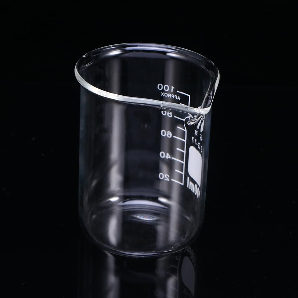 TEHAUX 2Pcs Glass Beaker, 100Ml Graduated Borosilicate Measuring Cup Chemistry Beaker with Spout Small Cup Equipment for Lab Glassware Scale Liquid Measurement image number 4