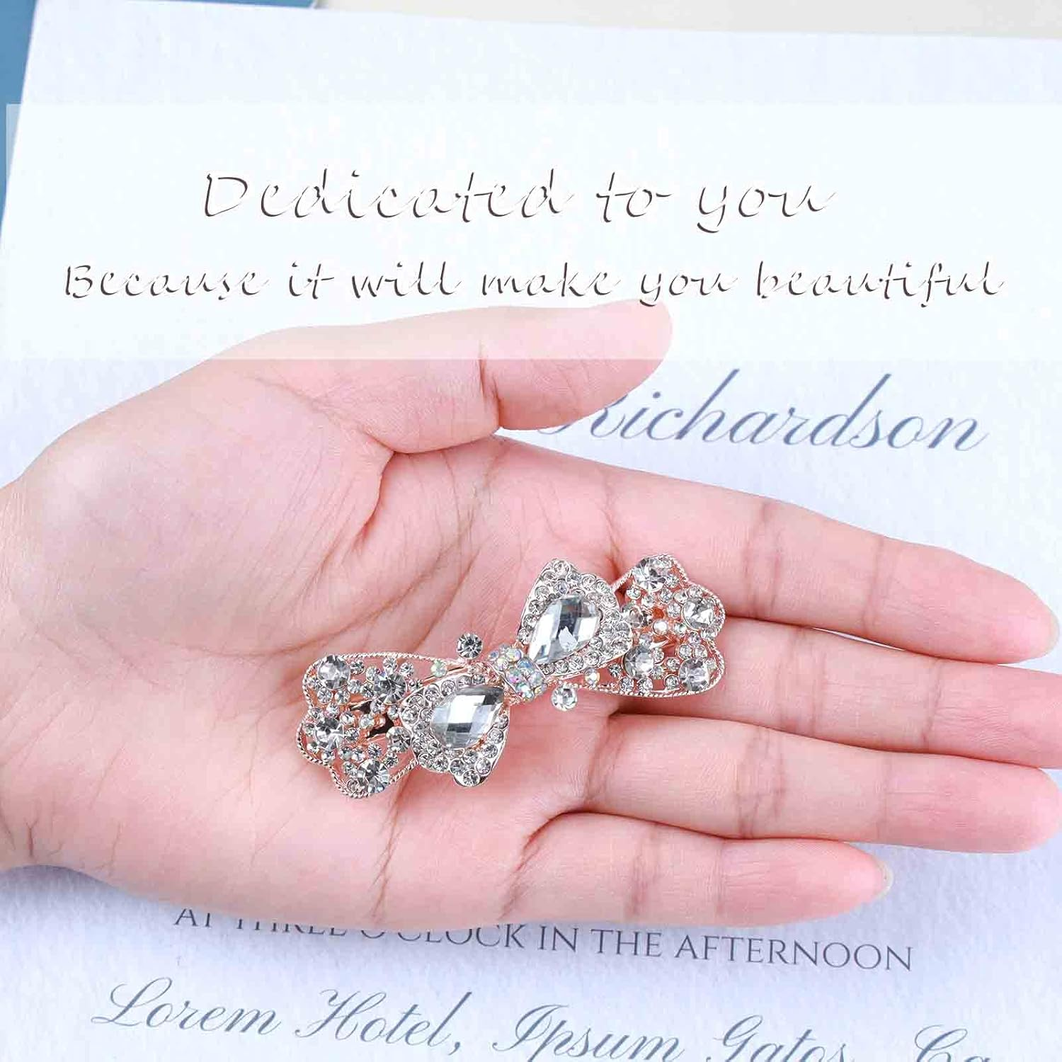 Tseenyi Crystal Bow Hair Clip Rhinestone Wedding Hair Clip Shiny Bridal Rhinestone Headwear Hair Clip Gold Crystal Women and Girls Gifts (Transparent Crystal) image number 4