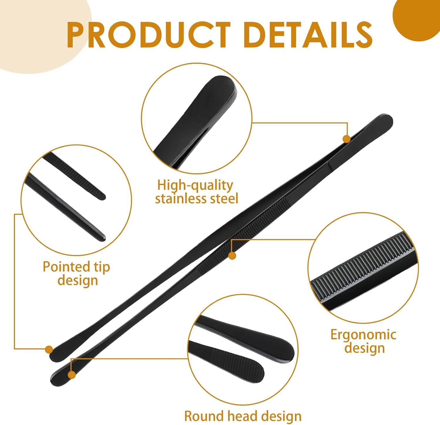 AIAOO 4-Pack Kitchen Tweezers Tongs, Black Stainless Steel Cooking Tweezers - 30Cm Straight/Round & 25Cm Straight/Round Heads, Non-Slip for BBQ, Culinary Use, Kitchen Tools & Gadgets image number 4