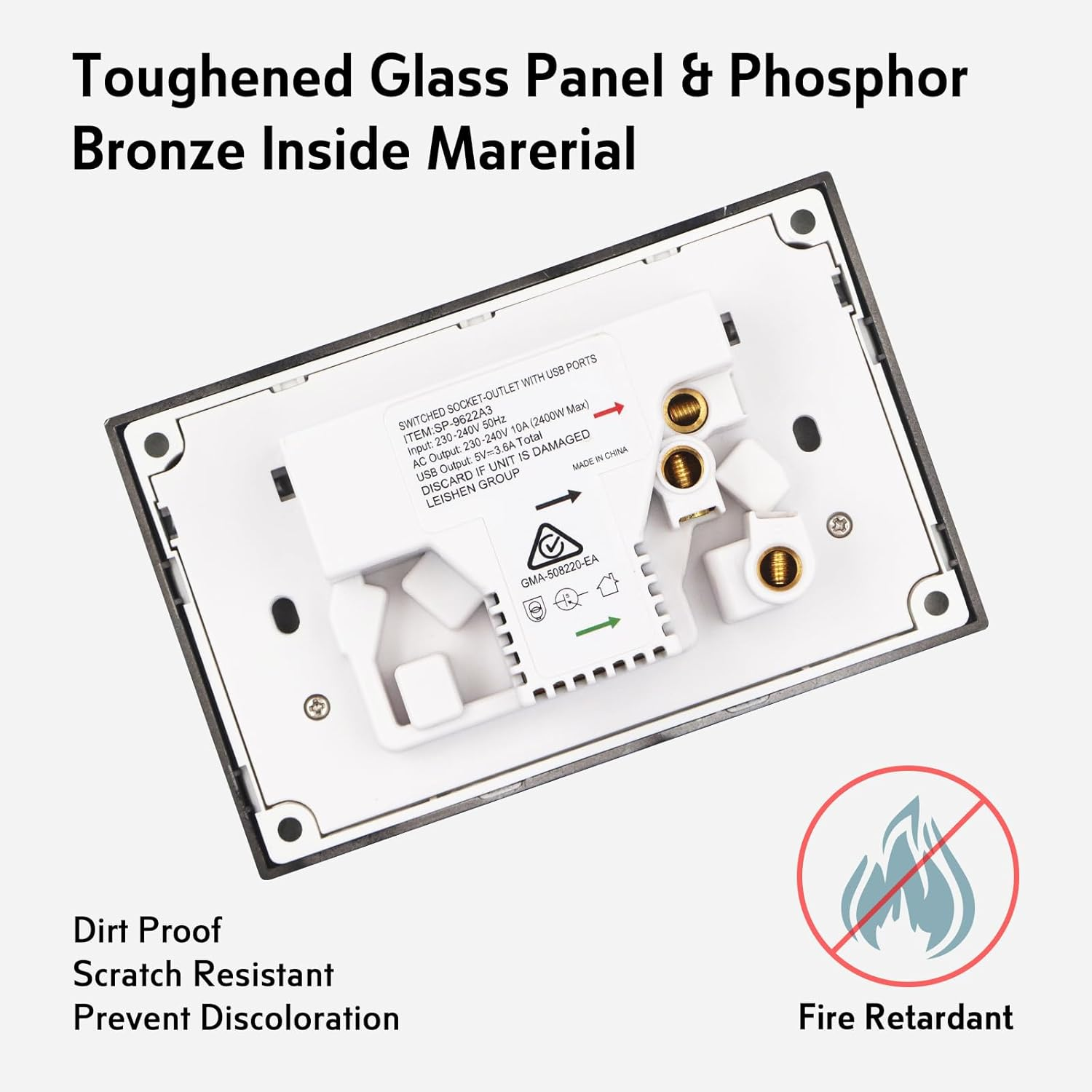 CLSOL, SAA Power Points, Light Switch, Glass Panel (White 2 Powerpoints+Usb) image number 4