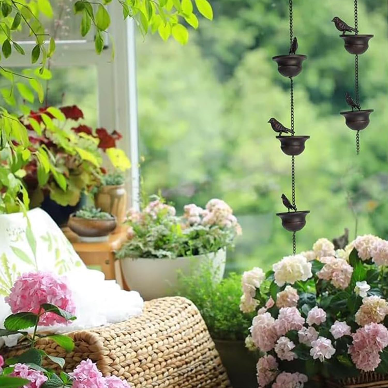 2.4 Meter Birds on Cup Mobile Rain Chain, Metal Rain Chain Bell with 8 Cups, Decorative Rain Catcher Chain Replacement Downspout for Gutters image number 6