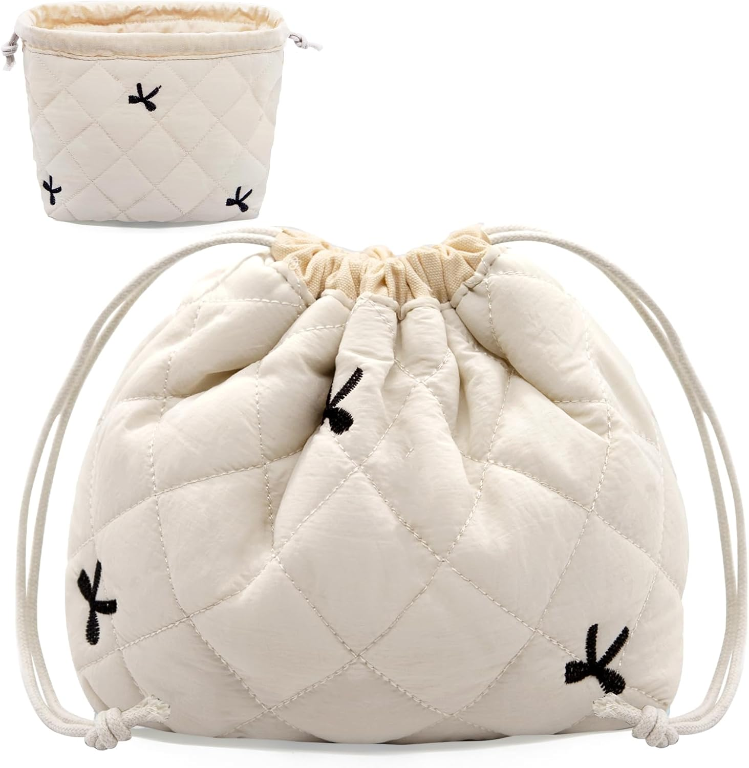 LJCZKA Makeup Bag with Drawstring, Small Quilted Cosmetic Bag, Cute Organiser, Cotton Toiletry Bag, Aesthetic Portable Travel Toiletry Bag for Women and Girls, Blue Flowers, Cute