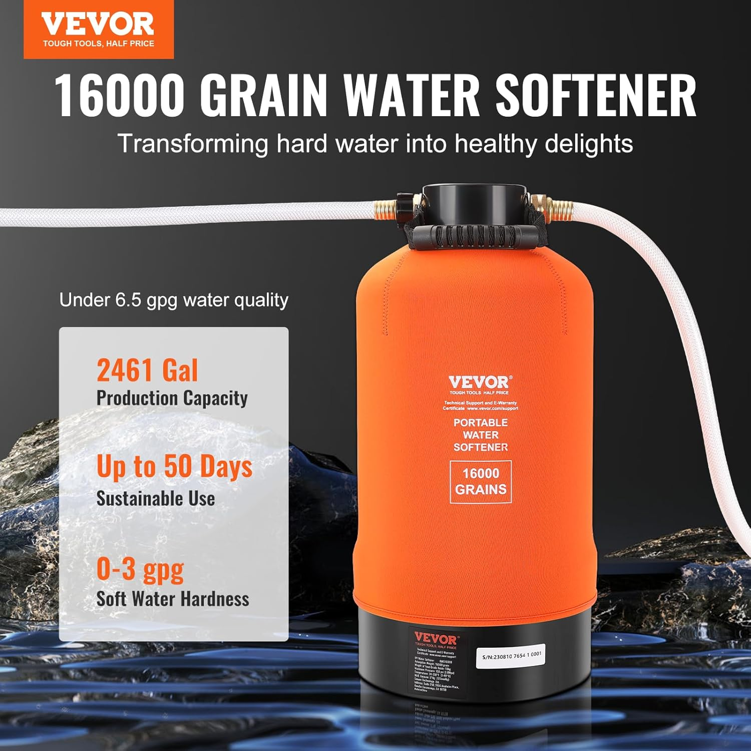 VEVOR RV Water Softener, 16,000 Grain Portable Water Softener, with 3/4" Brass Fittings and 42" Hose, Soften Hard Water Filter System for Rvs, Trailers, Boats, Mobile Car Washing, Pressure Washing image number 5