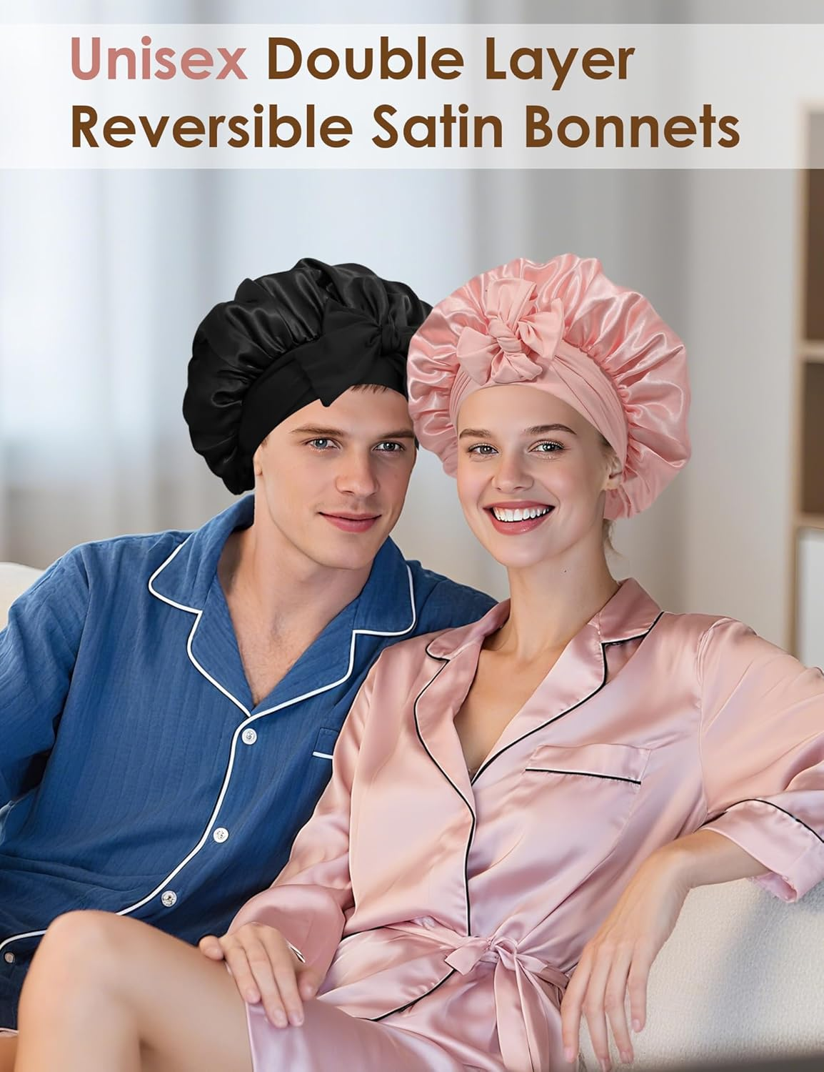 HAYAHARU 2 Pcs Silk Bonnet for Sleeping, Women Satin Bonnet, Silk Sleep Cap Double Layer Hair Hat with Tie Band, Elastic Wide Band Sleep Cap for Natural Curly Braids Hair - Khaki/Navy Blue image number 2