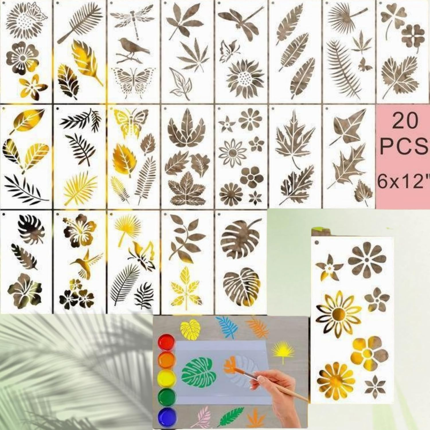 RJDJDLXM 20 Pieces Stencils for Painting,Reusable Drawing Stencils, Craft Stencils for Painting on Wood Scrapbook Wall Art，Tropical Leaves Templates Hollow Design(White) image number 3