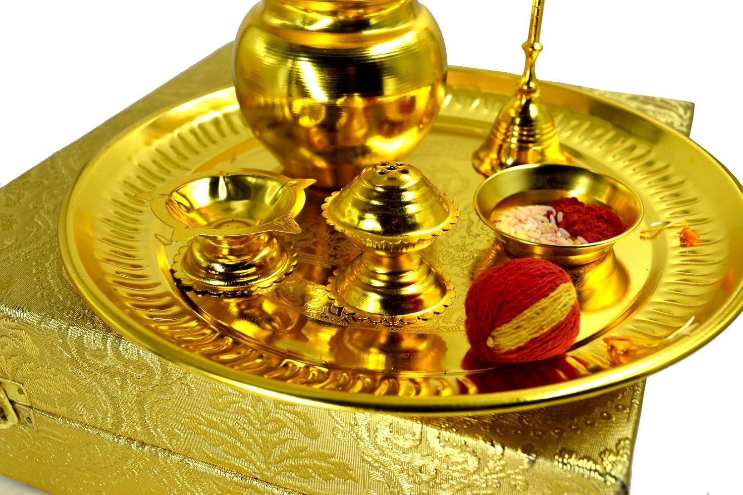 Samyuktha Beautifulpooja Thali Set with Gift Box -Indian Festival Puja Thali for Navratri | Golden Color Pooja Thali Box | Pooja Thali Set | Pooja Thali for Home/Temple/Mandir image number 1