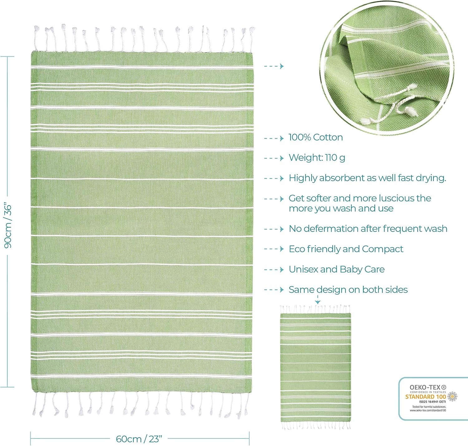 Cacala Turkish Hand Towels with Hanging Loop (23 X 36) Set of 4-100% Cotton Kitchen Towel Quick Dry Prewashed for Soft Feel Decorative Towels for Gym, Yoga, Bath and Kitchen - Olive Green