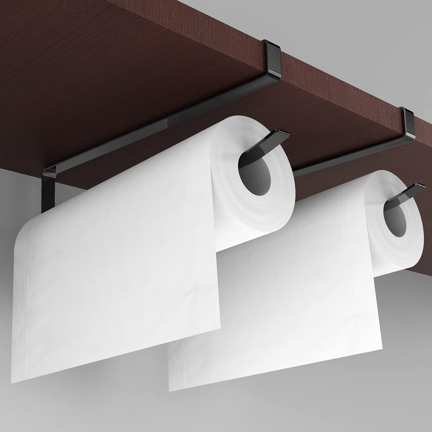 Paper Roll Holder, KIKISML 2 Pack Paper Towel Holder Cabinet Hanging Kitchen Roll Hanger Dispenser Storage Rack Towel Necktie Bedroom Toilet Organization Storage [No Drilling No Tool Required], Black image number 2