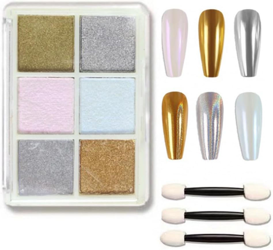 Chrome Nail Powder 6 Colors Holographic Gold & Silver Iridescent Pearl Chrome Powder, Glitter Pigment for Nail Art Decoration image number 2