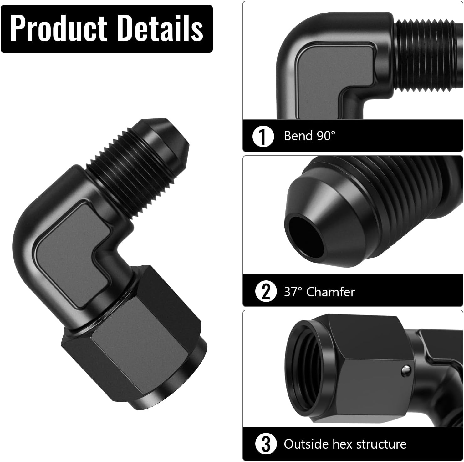 90 Degree 4AN Female to 4AN Male Swivel Flare Union Fitting Adapter, Black Hard Aluminum Hex Anodized Connector, Automotive Accessories Suitable for Vehicle Fuel Oil Line Modification image number 5