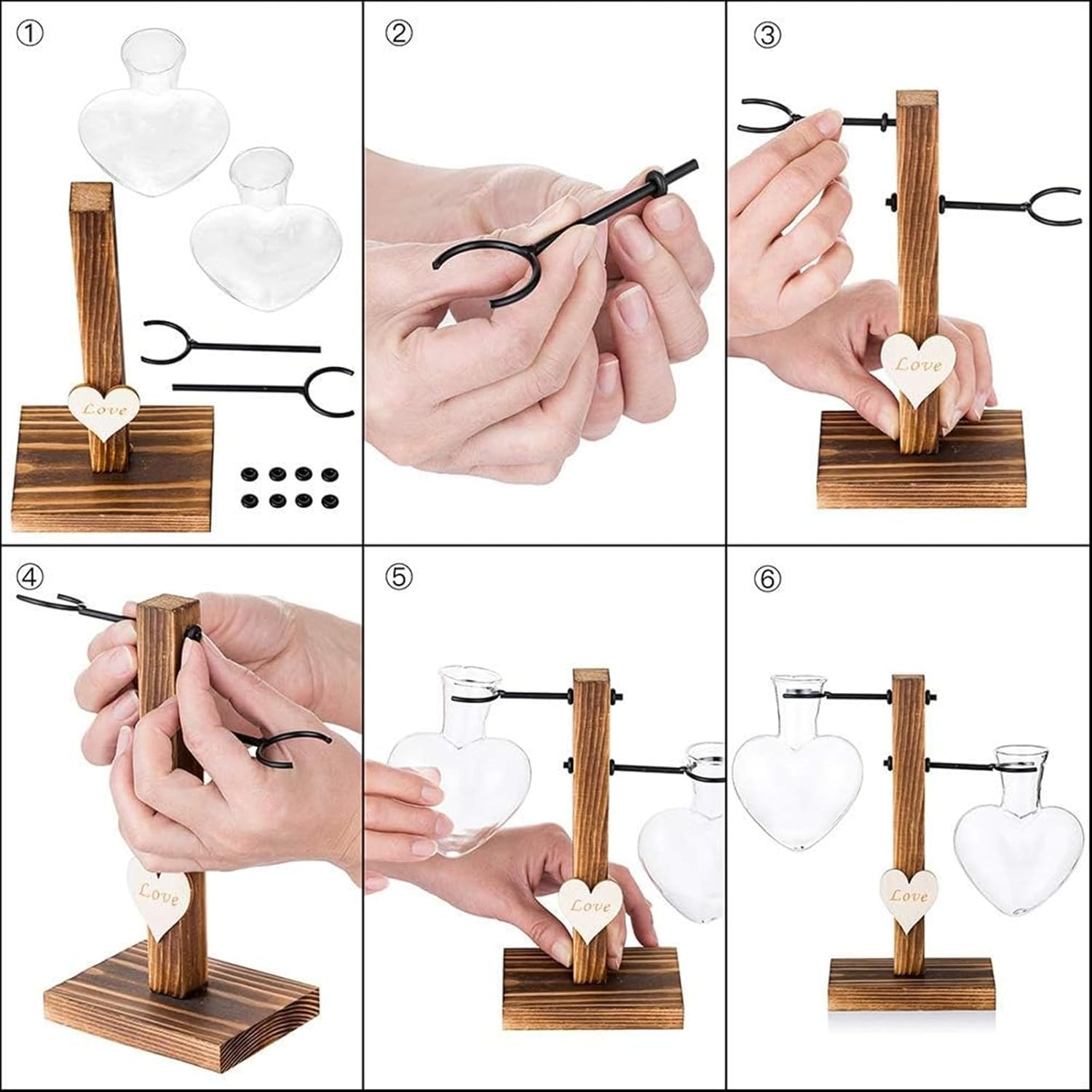 Glass Plant Terrarium with Wooden Stand,Creative Double Heart Glass Hydroponic Vases for Desktop Planter Bud Hydroponic Plant Home Garden Office Decoration (B) - A image number 4
