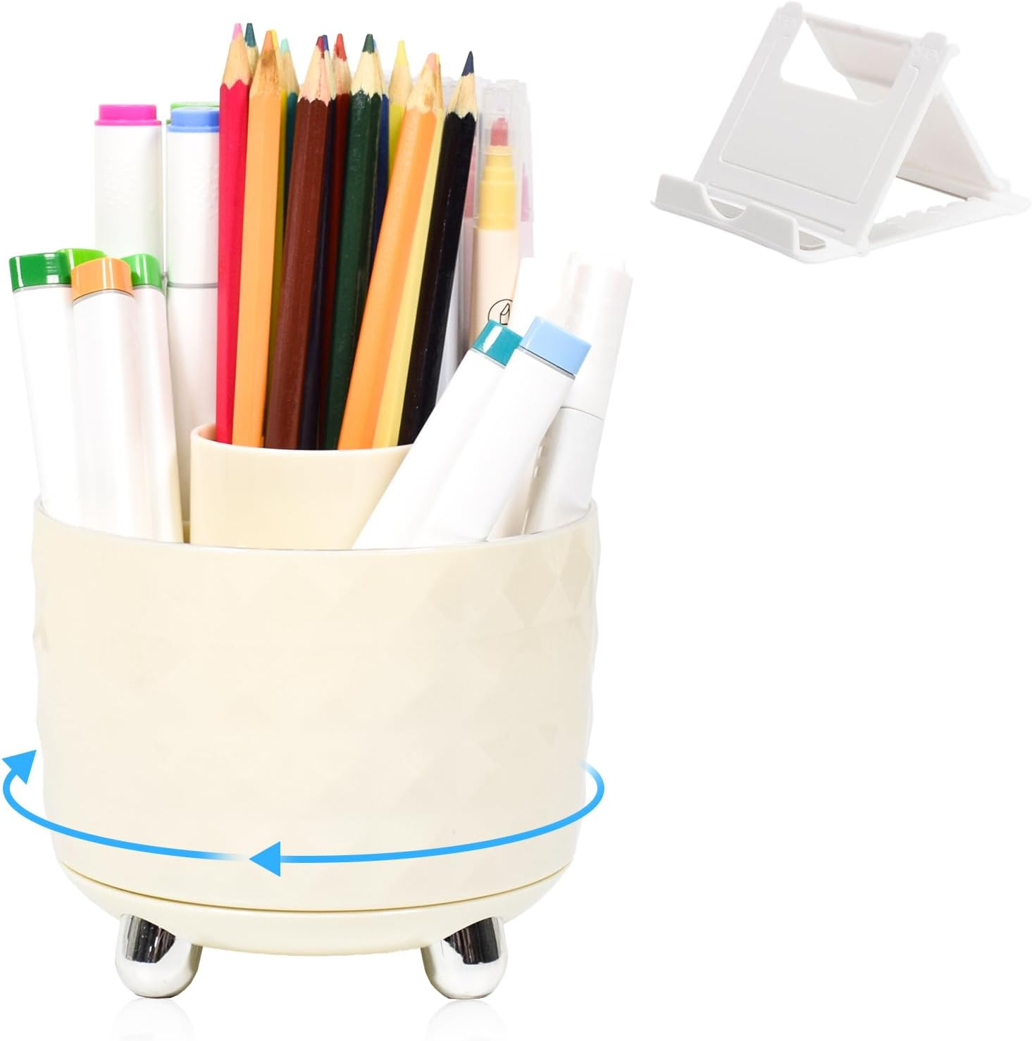 Marte Vanci Pen Pencil Holder, 360&deg; Rotating Makeup Organiser Brush Holder with Phone Stand, Pen Pot Brush Organiser 5 Slots Desk Storage Box Caddy for Dressing Table Office Stationery Clear Gold