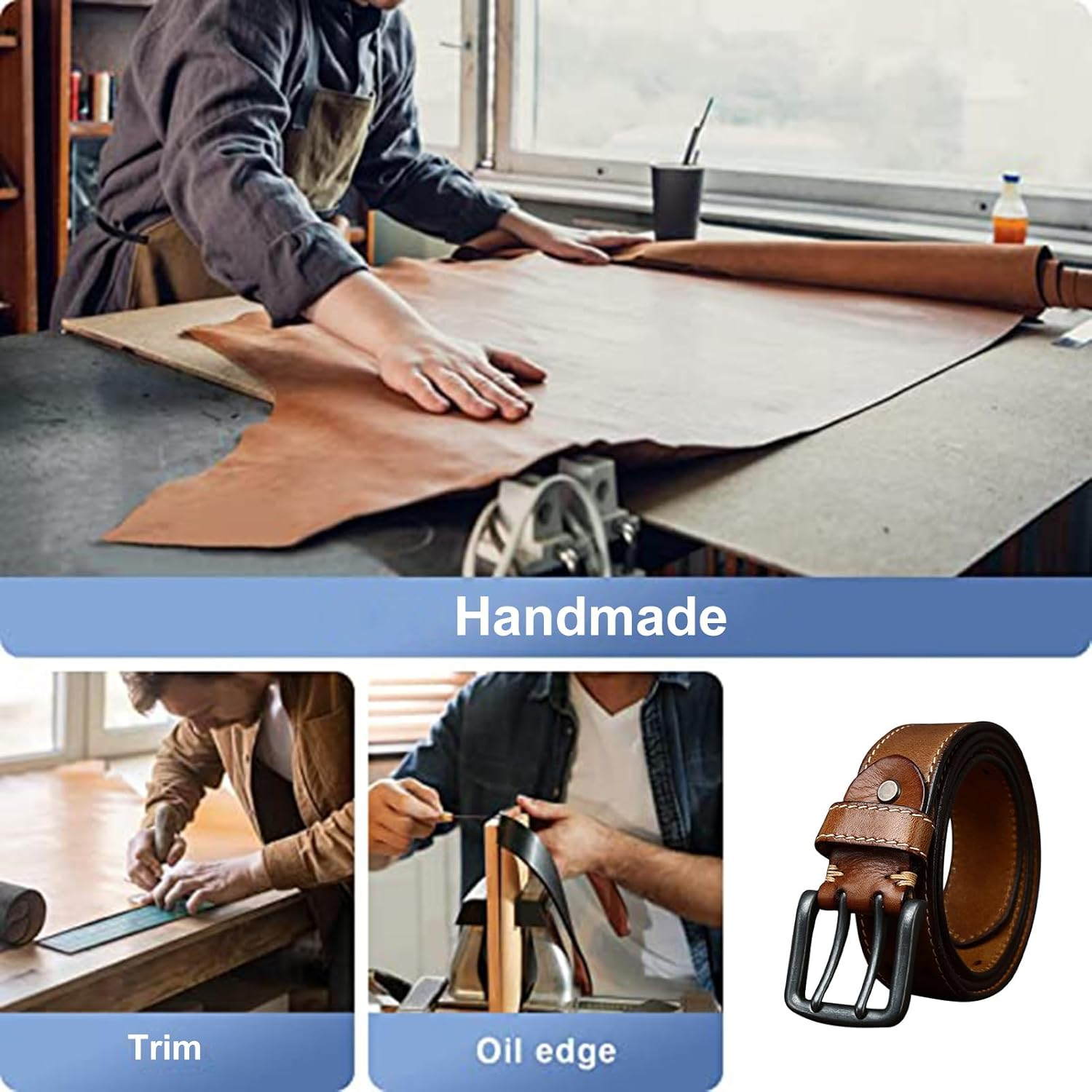 Double Prong Buckle Full Grain Real Cow Leather Belt - Stitched, Work/Casual Grommet Holes, 38Mm for Men Women image number 4