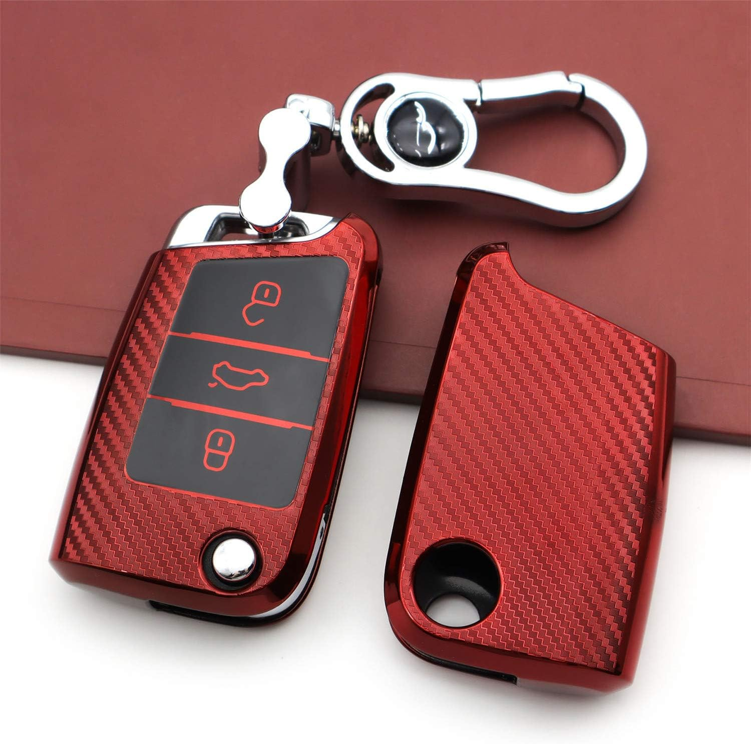 M.Jvisun Soft Carbon Fiber Finish Car Key Fob Cover for Volkswagen Atlas Golf Jetta Polo for Tiguan for Skoda Kodiaq Karoq for Audi A1 for Seat Ateca Leon Flip Key TPU Case with Keychain - Red image number 5