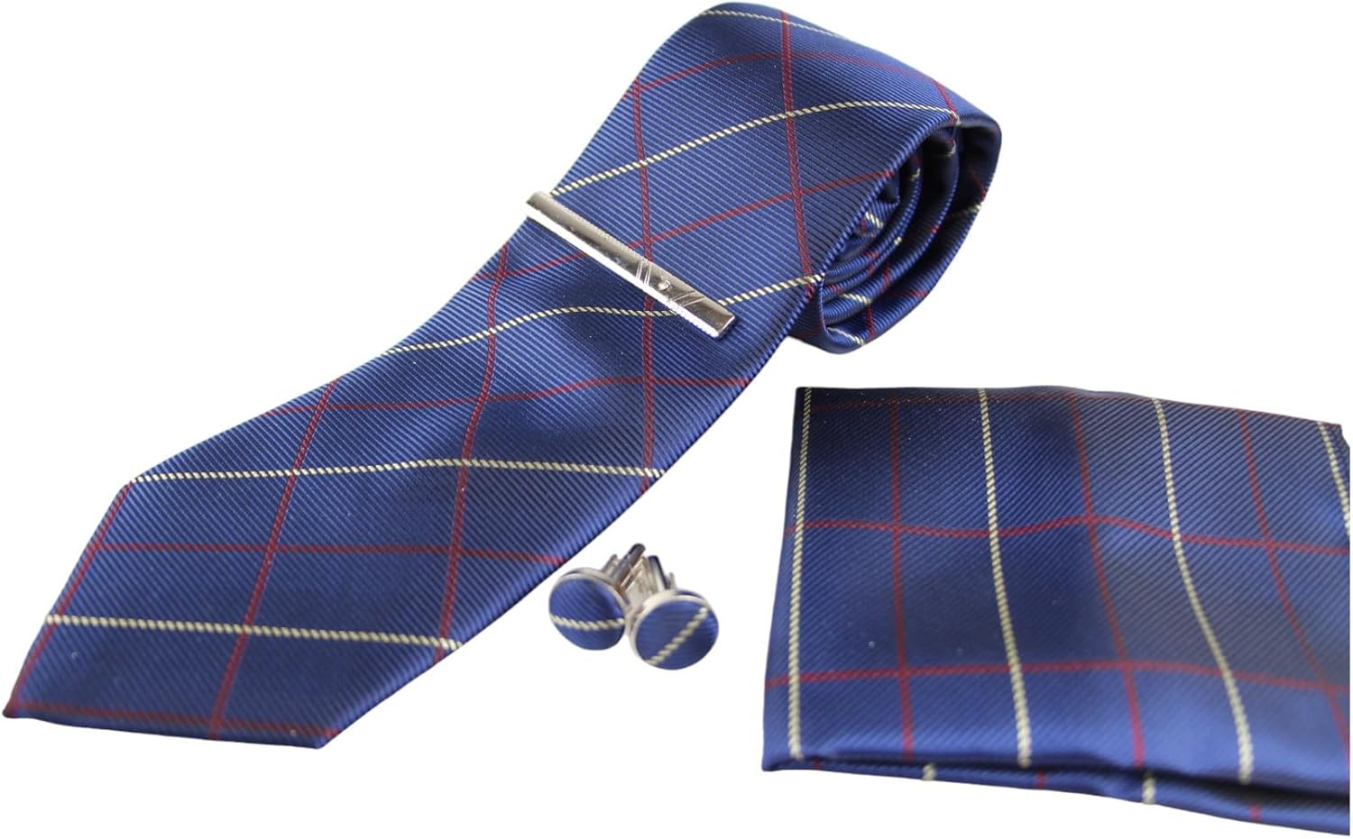 Mens Navy & Maroon Checkered Matching Neck Tie, Pocket Square, Cuff Links and Tie Clip Set Navy, Maroon, Light Yellow image number 1