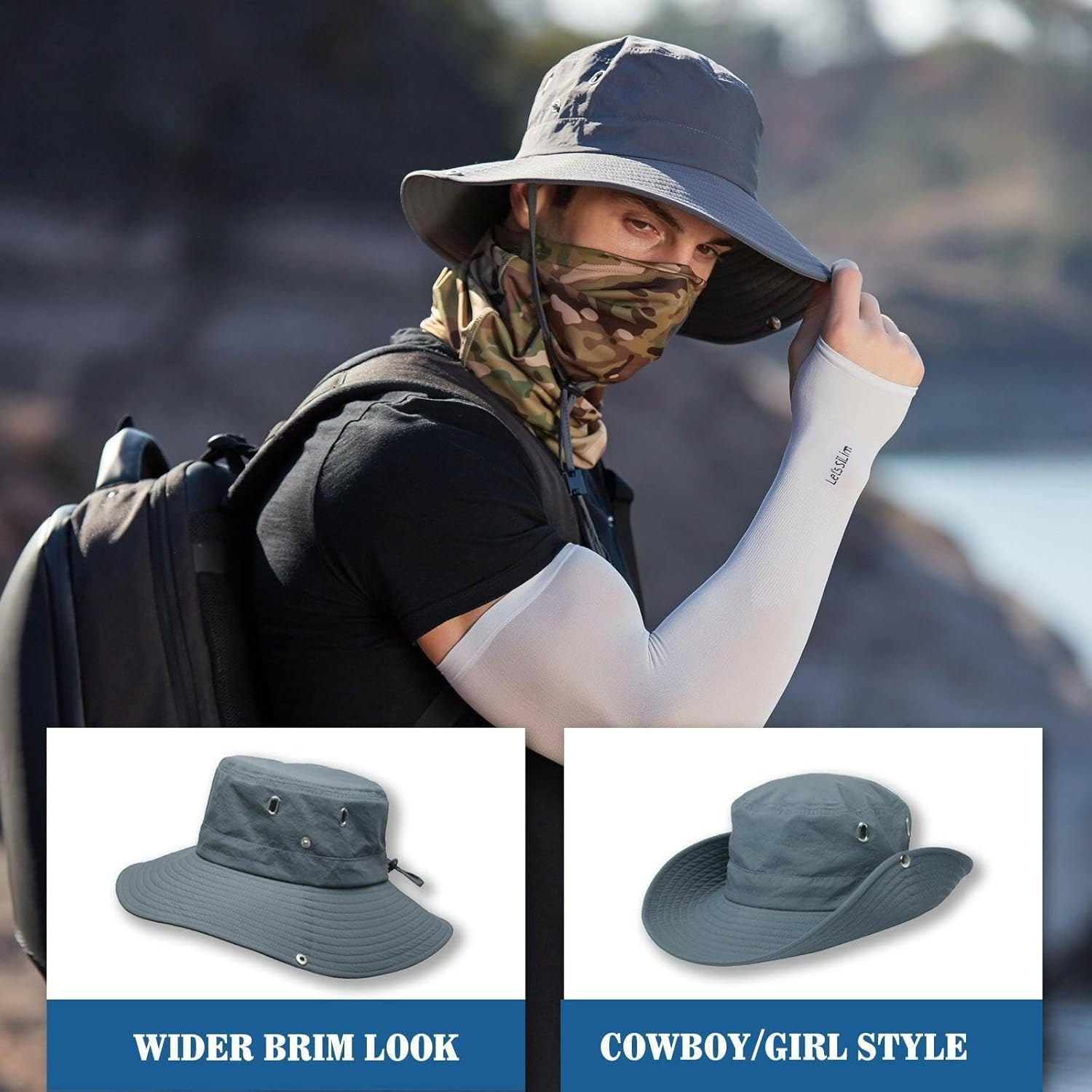 Bucket Hat Cowboy Style, UPF 50 UV Protection Wide Brim Sun Hat for Men & Women, Outdoor Camping Gear with Chin Strap &ndash; Smart Wind Resistant Boonie Hat for Fishing, Hiking, Golf - Dark Grey image number 3