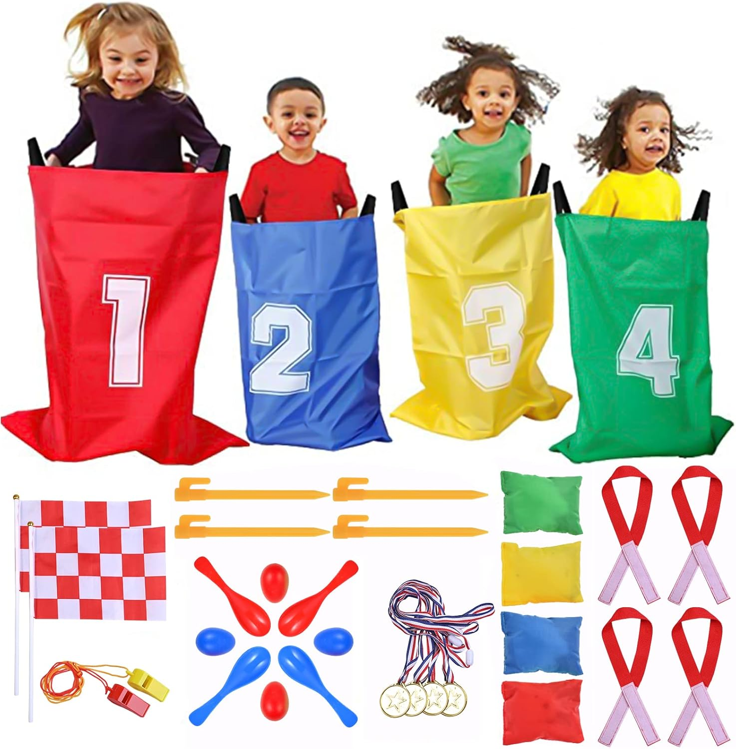 GOLDGE 28 Piece Outdoor Games Kit for Kids, Includes Potato Sack Race Bags, Bean Bag Toss, 3 Legged Race Bands, Egg Spoon Relay, for Easter & Birthday Parties image number 3
