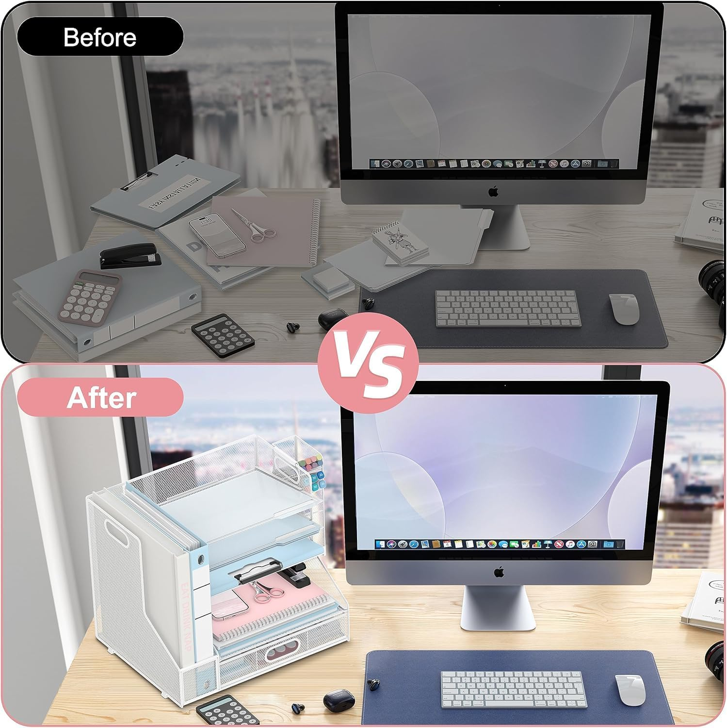 Desk File Organiser, 3 Tier Drawable Storage Rack with Top Box Letter Tray Paper Organiser with Pen Holder and Metal Hanging Basket, Simple and Stylish Office Supplies, White (Horizontal) image number 4