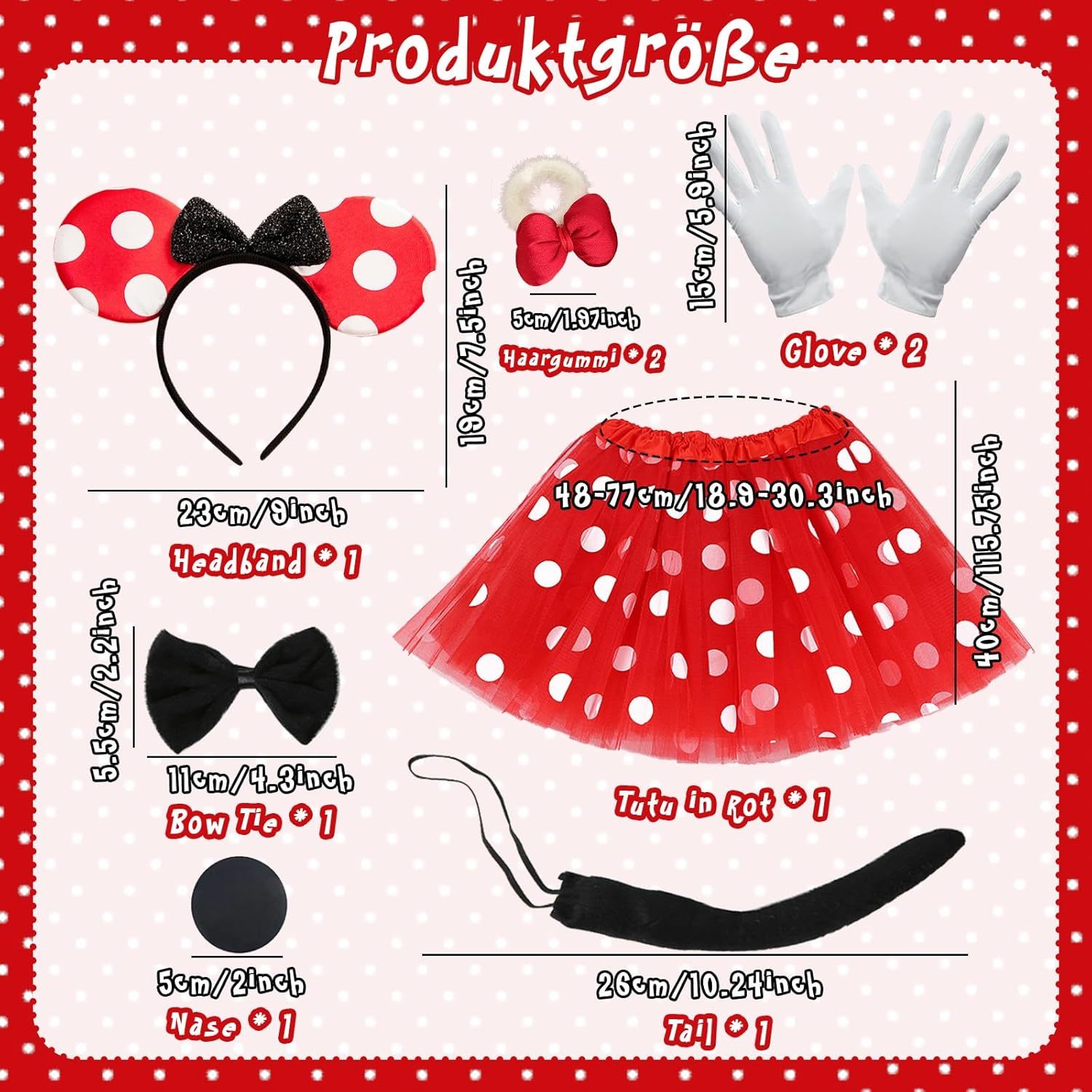 Mouse Costume Children, 7-Piece Girls' Mini Mouse Costume, Red Pink Tutu + Mouse Ears + Nose + Bow Tie + Tail + Gloves + Hair Ties, Children'S Costumes Girls Carnival Costume Children