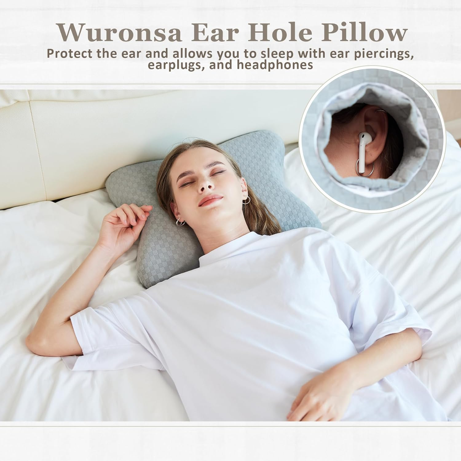 Piercing Pillow | Memory Foam Ear Piercing Pillow for Side Sleepers, Pillow with an Ear Hole for Ear Pain Relief, Ear Guard Pillow, Ear Hole Pillow for Piercings, Earplugs, and Headphones (Light Grey) image number 1