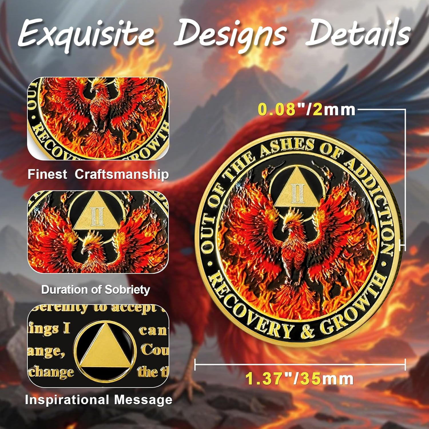 ACGZQY 2 Year Phoenix Sobriety Chip - Alcoholics Anonymous Recovery Gift for Men Women image number 5