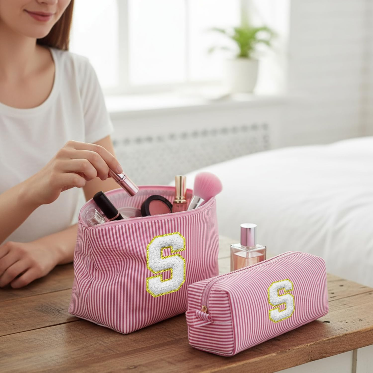 VLYX Personalized Make up Bag - Large Capacity Cosmetic Bags for Women A-Z Initials, 2 Pack - Portable Toiletry Bag, Birthday Gifts Idea, S image number 3