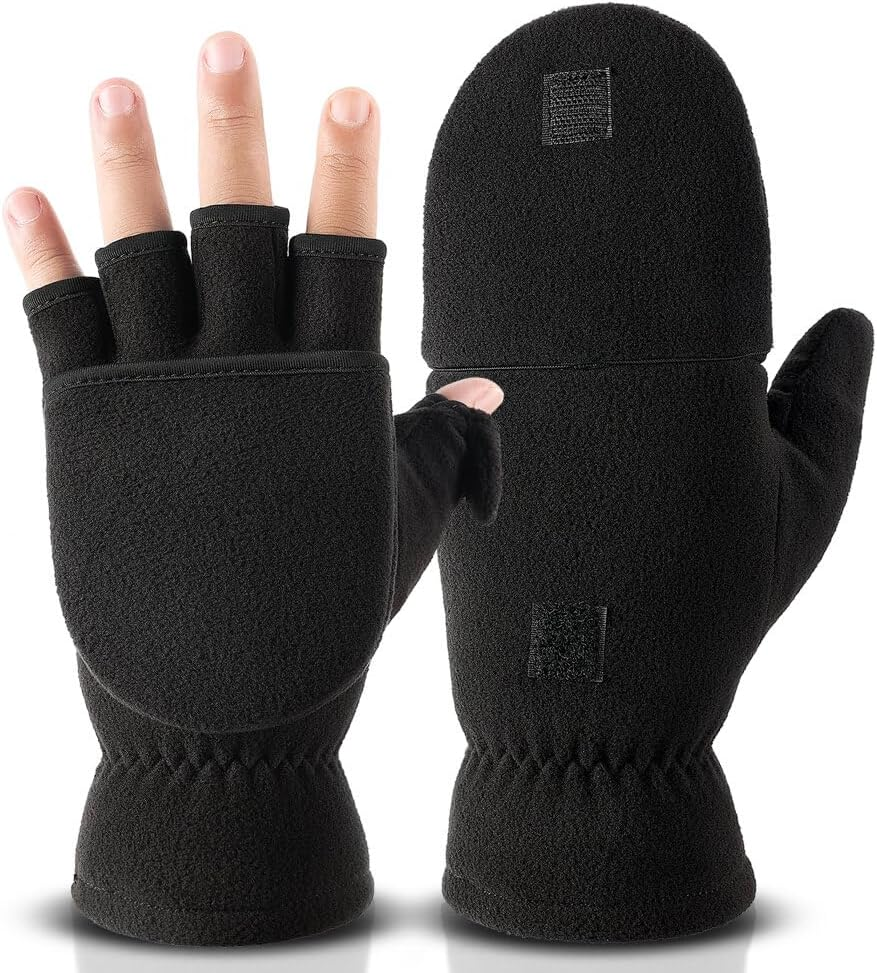 OZERO Winter Fingerless Gloves: Flip Top Convertible Mittens Thermal Windproof Polar Fleece Insulated Lining Warm for Men Women