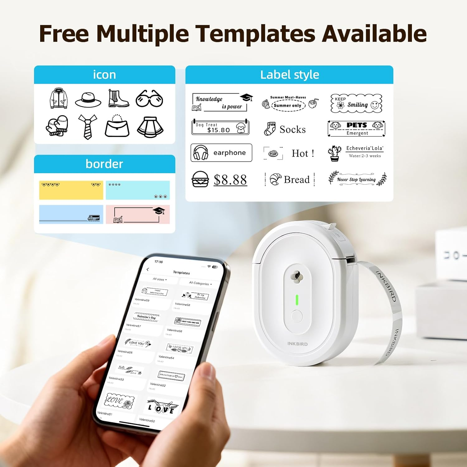 INKBIRD N12 Portable Label Maker Machine Bluetooth Sticker Printer, Thermal Printing, Various Print Templates, Use with Smartphones and Tablets, Ideal for Home, School, Office image number 3