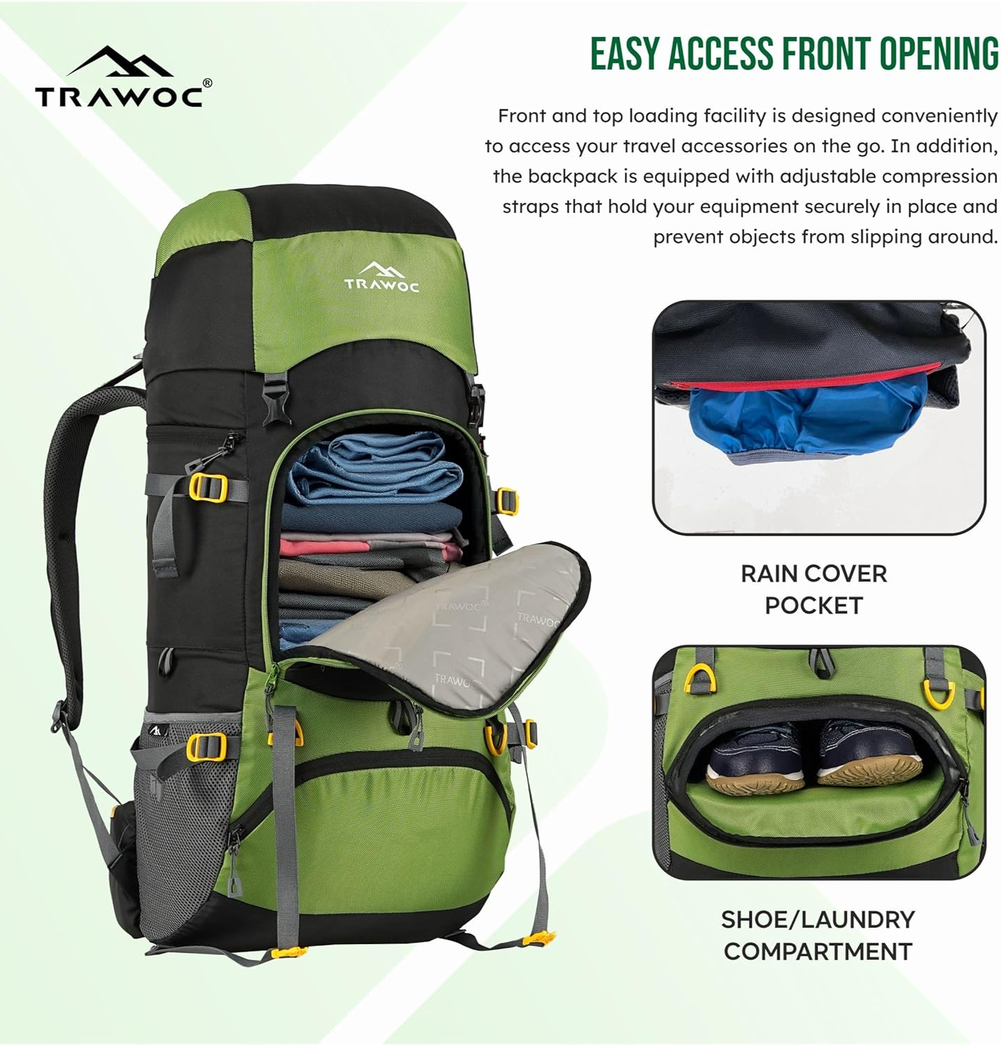 TRAWOC GRITMAX 55 Litre Travel Bag Front & Top Open Backpack for Hiking Trekking Camping, Rucksack for Men & Women with Rain Cover and Shoe Compartment image number 5