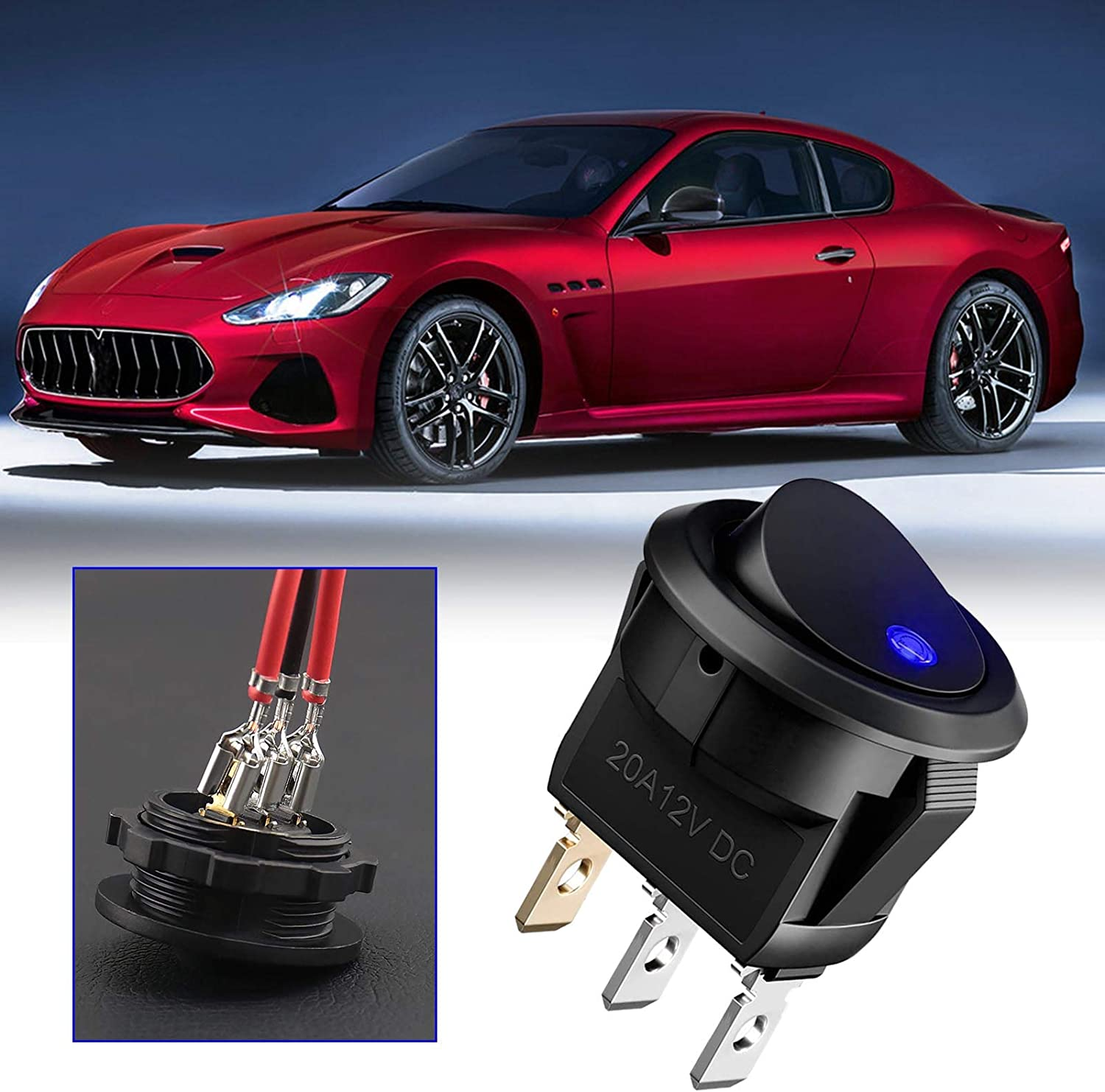 Emsea 3PCS round Rocker Toggle Switch 12-24V 20A Blue LED Light On/Off Control Button 3Pins with 9 Connection Cables for Car Caravan Truck Boat image number 1