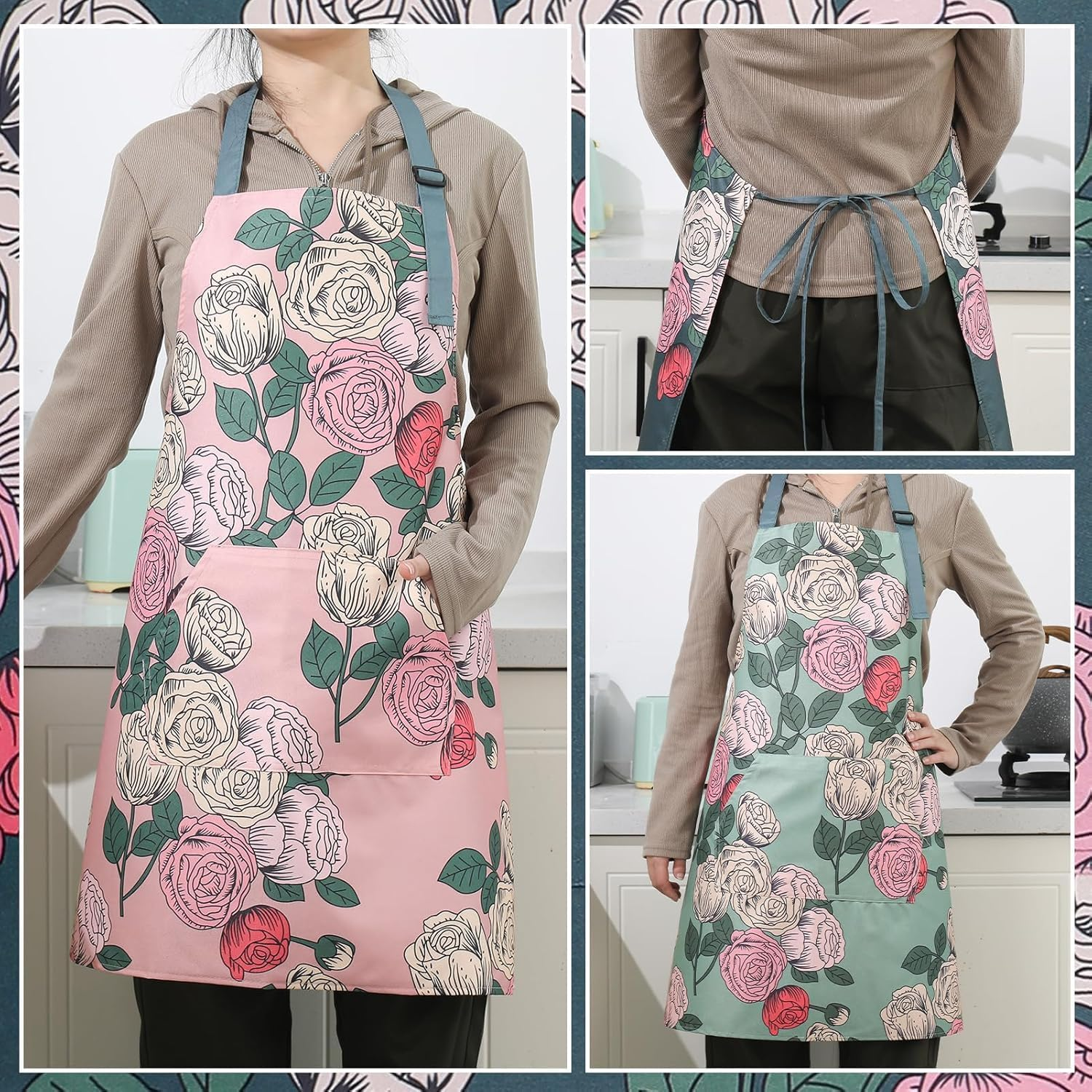 3 Pack Floral Aprons for Women with Pockets, Women Aprons Waterproof Adjustable Cooking Aprons for Kitchen, Gardening, Baking, Salon image number 3