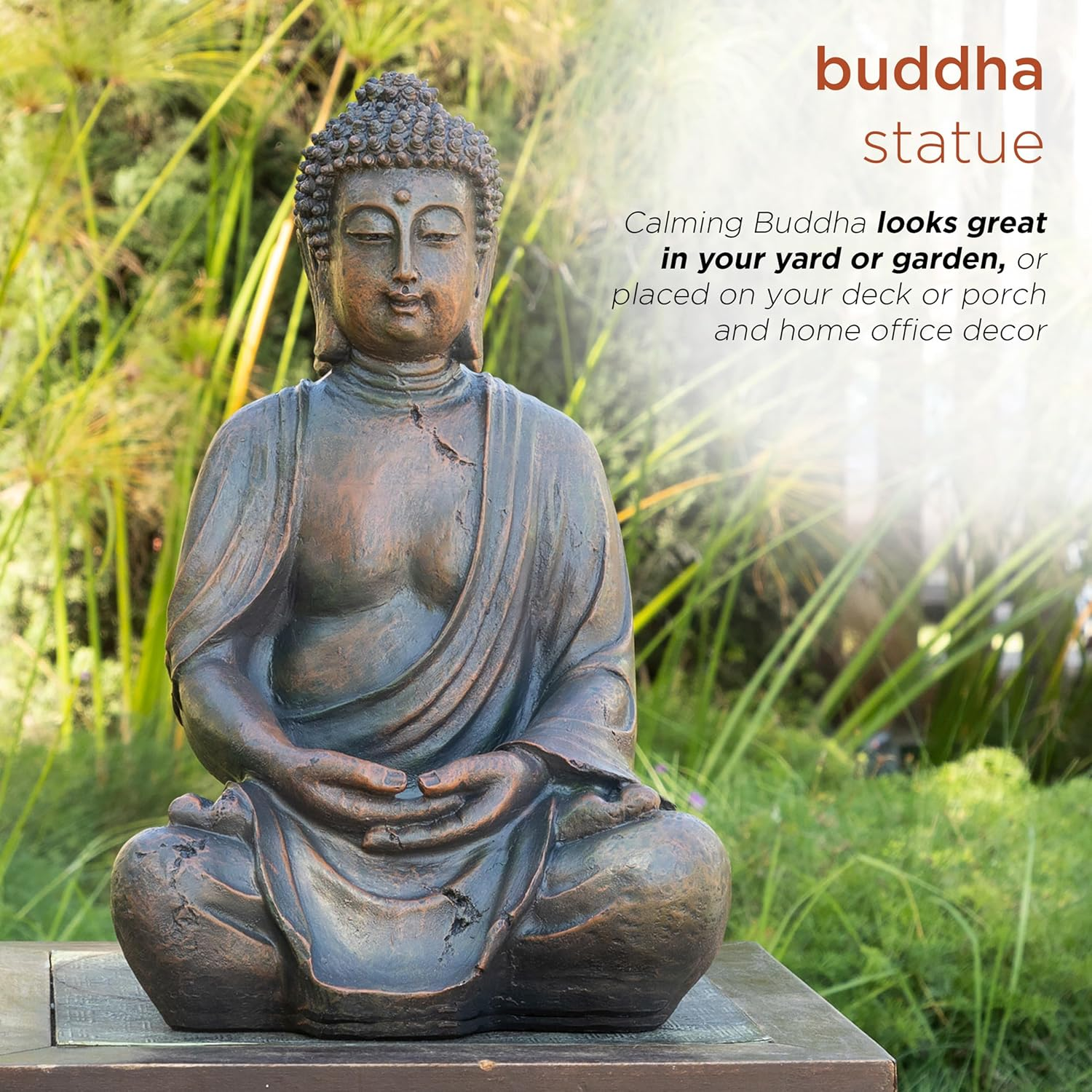 Alpine Corporation GEM170 Buddha Statue, 10" L X 8" W X 15" H, Bronze image number 1