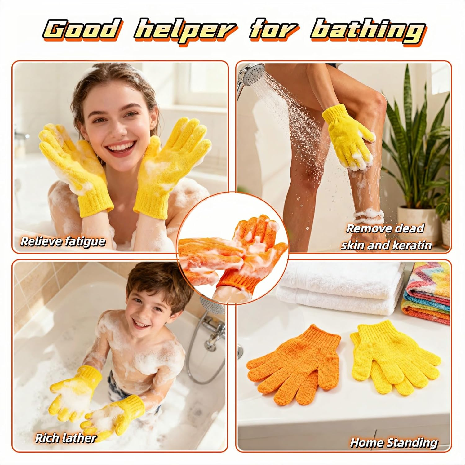 Ryandesign Exfoliating Shower Gloves, 2 Pairs Reinforced Nylon Bath Scrubbing Mitts, Orange and Yellow, One Size Fits All, Body Cleansing Massage image number 3