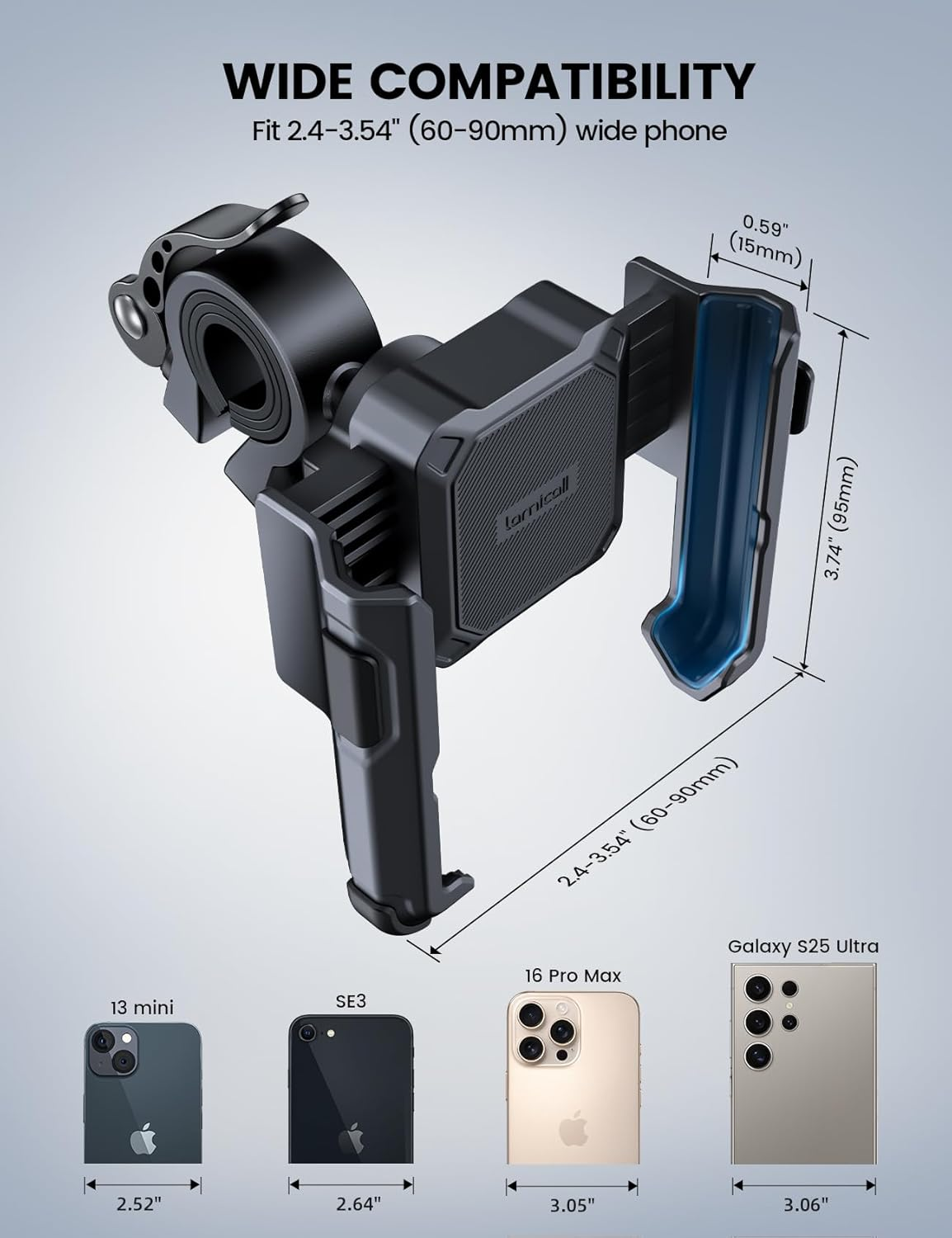 Lamicall Motorcycle Bike Phone Mount - [No Block Camera] [1S Lock] Bike Cell Phone Holder Clamp, Bicycle Scooter Handlebar Clip, for Iphone 16 15 14 Pro Max, Galaxy S25 S24 Ultra, 4.7-7" Phones